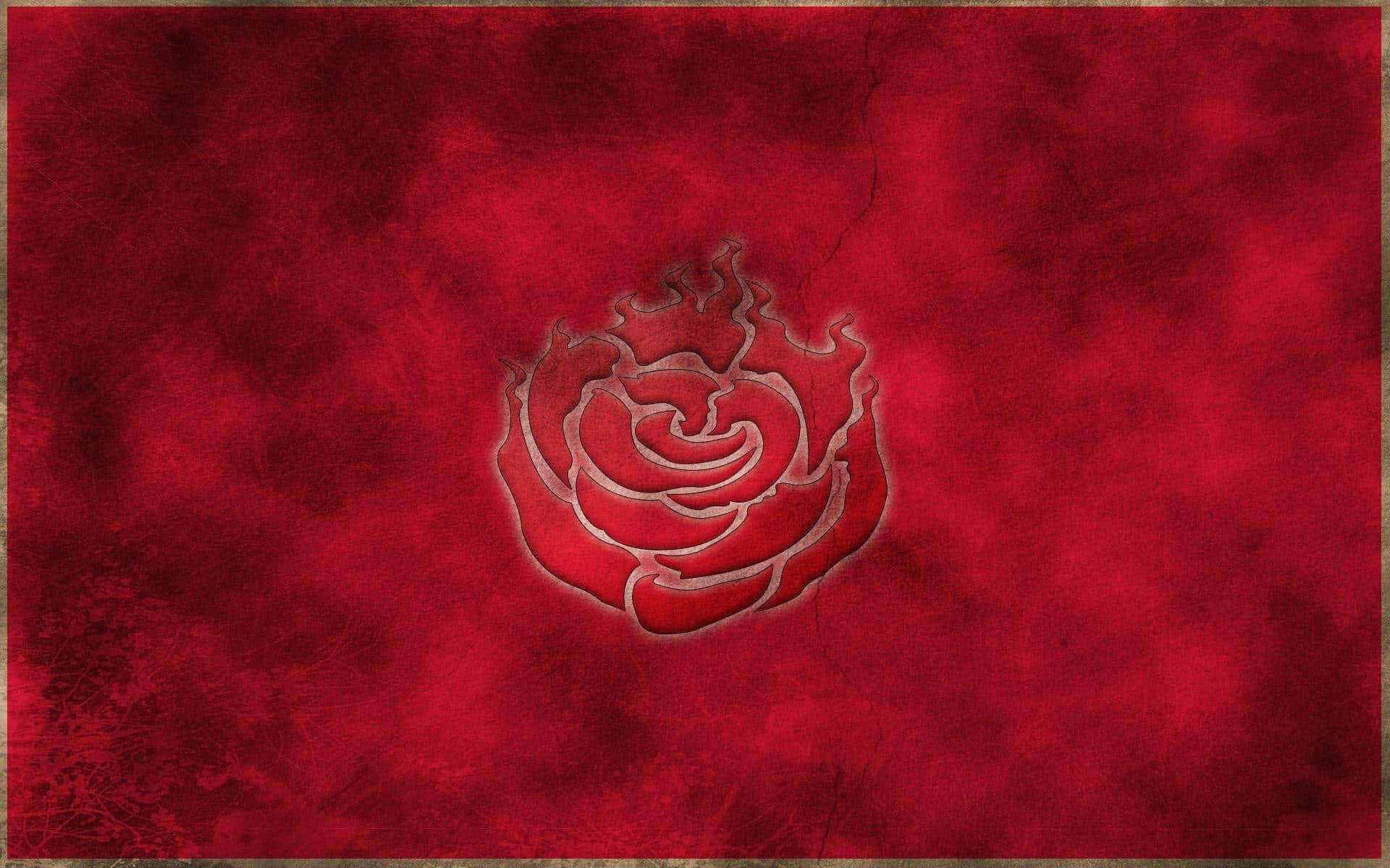 Ruby 桌布 壁紙 — 一個風格化的玫瑰徽章以銀色輪廓在帶有細微裂紋和頹廢效果的紋理深紅色背景上發光。