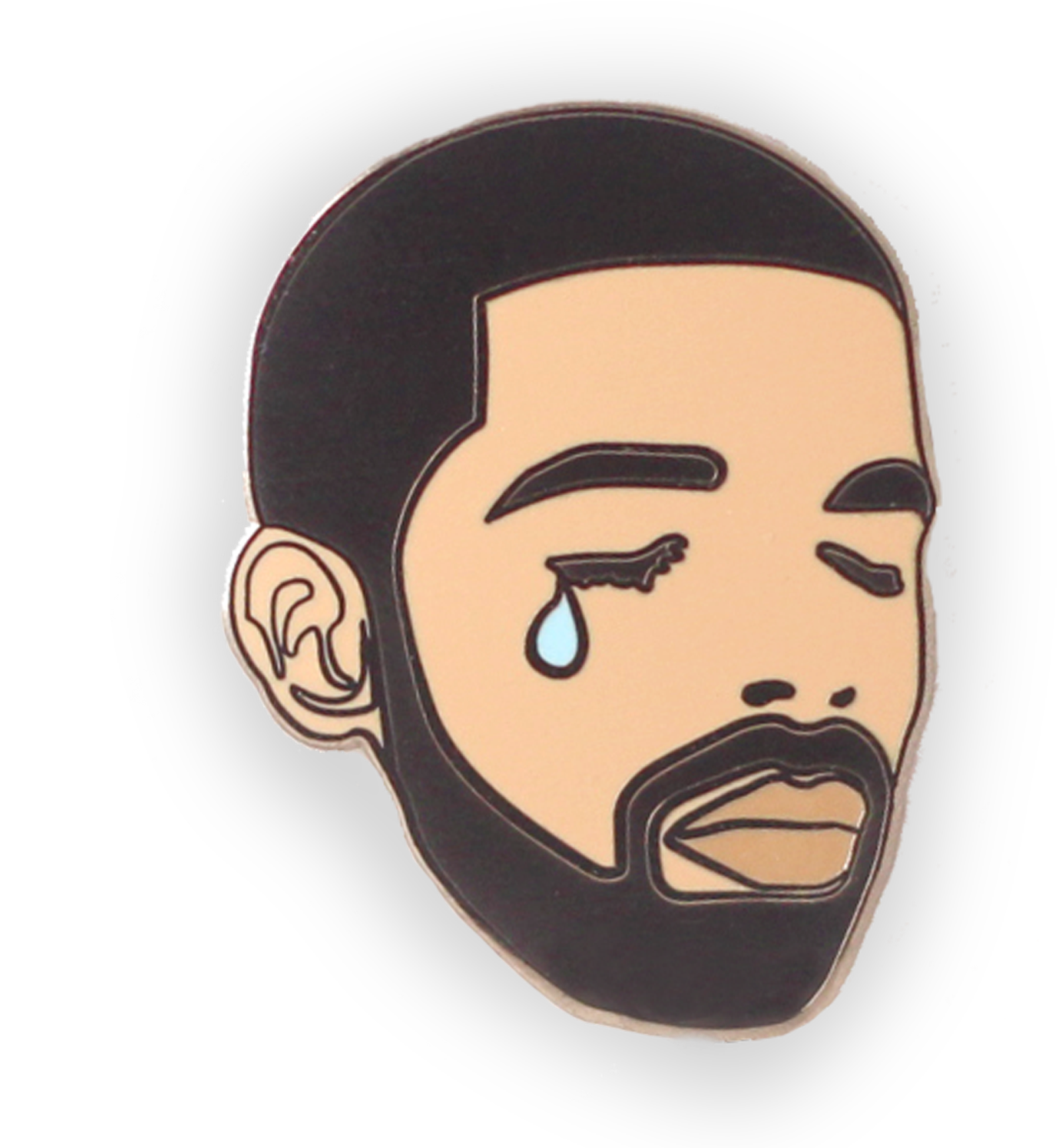 Drake 桌布 壁紙 — 一個風格化的琺瑯別針，圖案為一個男人的臉，閉著的眼睛流下一滴眼淚，背景是帶斑點的黑色。
