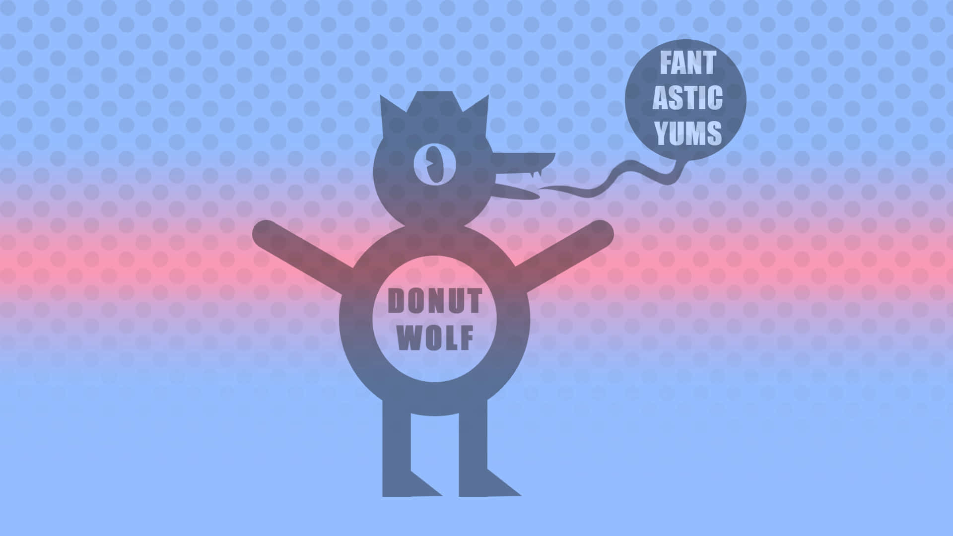 Night In The Woods 桌布 壁紙 — 一個風格化的甜甜圈形狀狼角色，有一隻眼睛和一個對話氣泡，上面寫著「FANTASTIC YUMS」，背景是漸變藍色和粉紅色圓點。