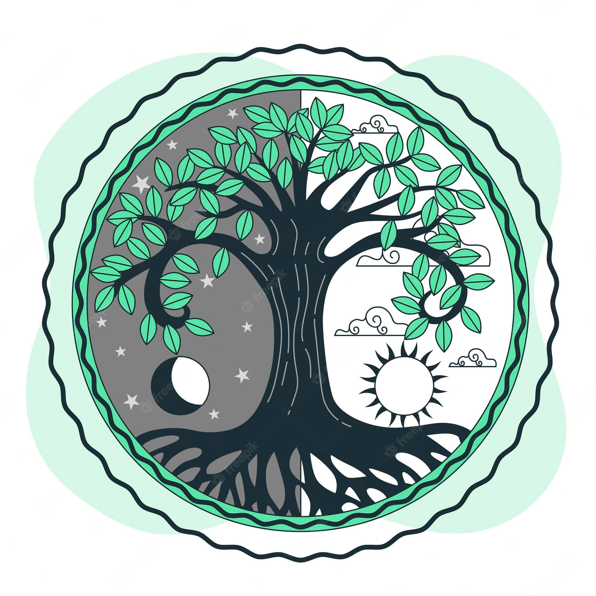 樹木 桌布 壁紙 — 一個風格化的生命樹陰陽分割，左邊有月亮星星，右邊有太陽雲朵，薄荷綠和黑色。