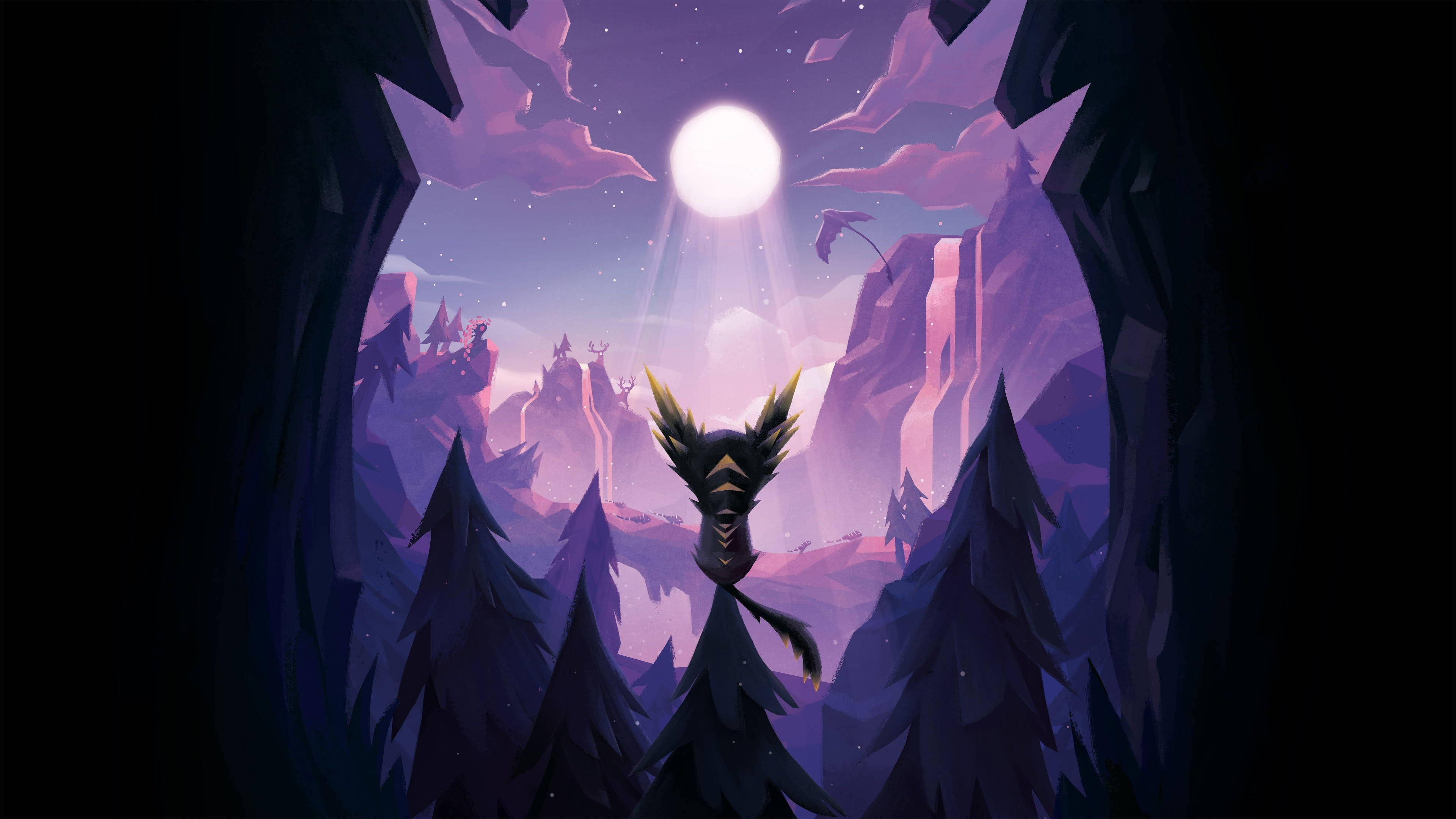 Purple Gaming 桌布 壁紙 — 一個風格化的生物，帶有發光的角，站在紫色森林中的松樹頂上，被明亮月亮下的洞穴入口框住。