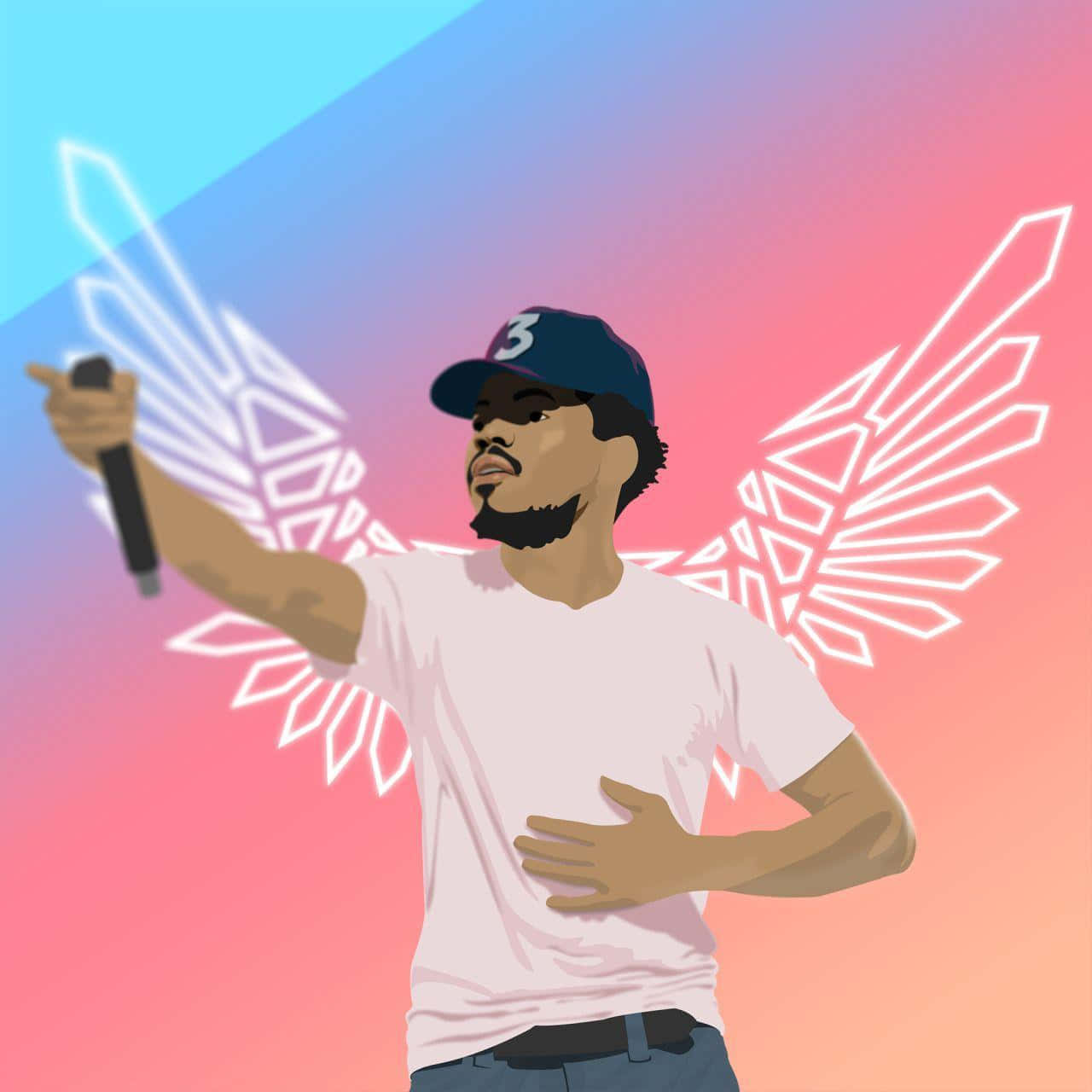 Cartoon Rapper 桌布 壁紙 — 一個風格化的男人，帶有幾何翅膀，在充滿活力的漸變天空下拿著麥克風。