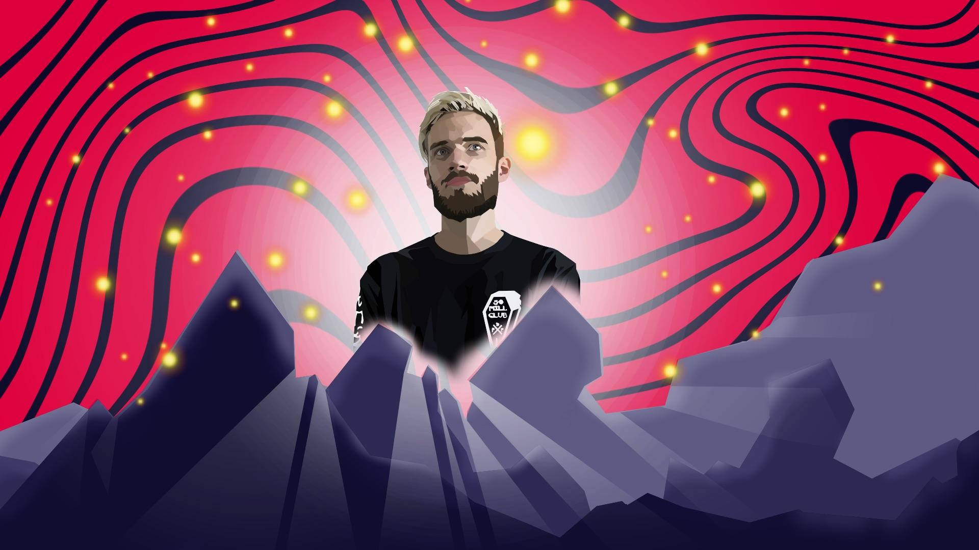 PewDiePie 桌布 壁紙 — 一個風格化的男人，金髮和鬍鬚，站在紫色幾何山頂上，背景是旋轉的紅色和發光的黃色燈光。