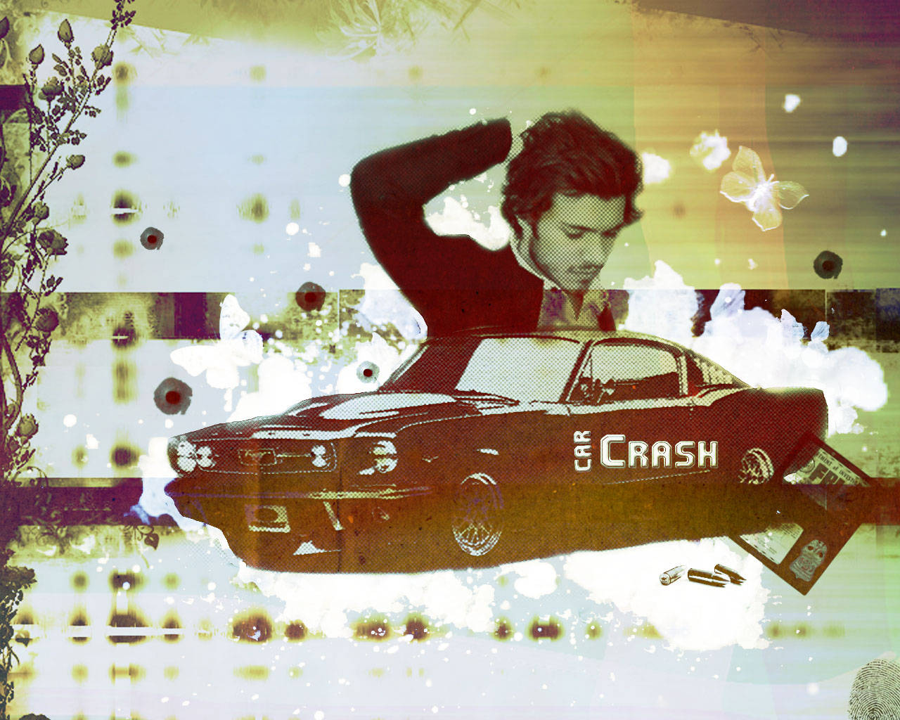亞當·布羅迪 桌布 壁紙 — 一個風格化的男人俯身在一輛標有「CAR CRASH」的復古汽車上，周圍是花朵和抽象紋理的故障風格拼貼。