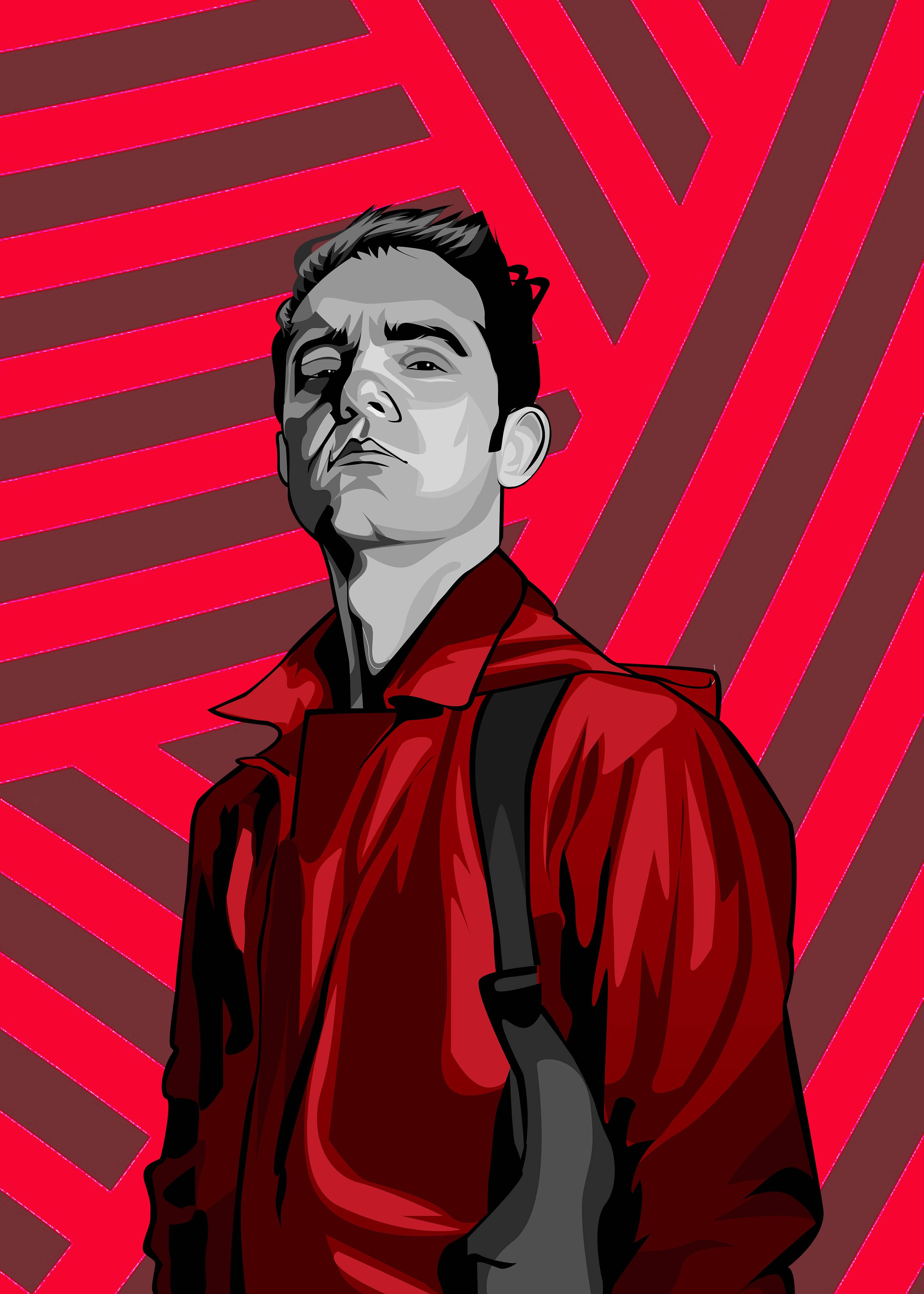 Berlin Money Heist 桌布 壁紙 — 一個風格化的男人穿著紅色外套，站在大膽的紅色和深紅色條紋背景前，表情嚴肅。