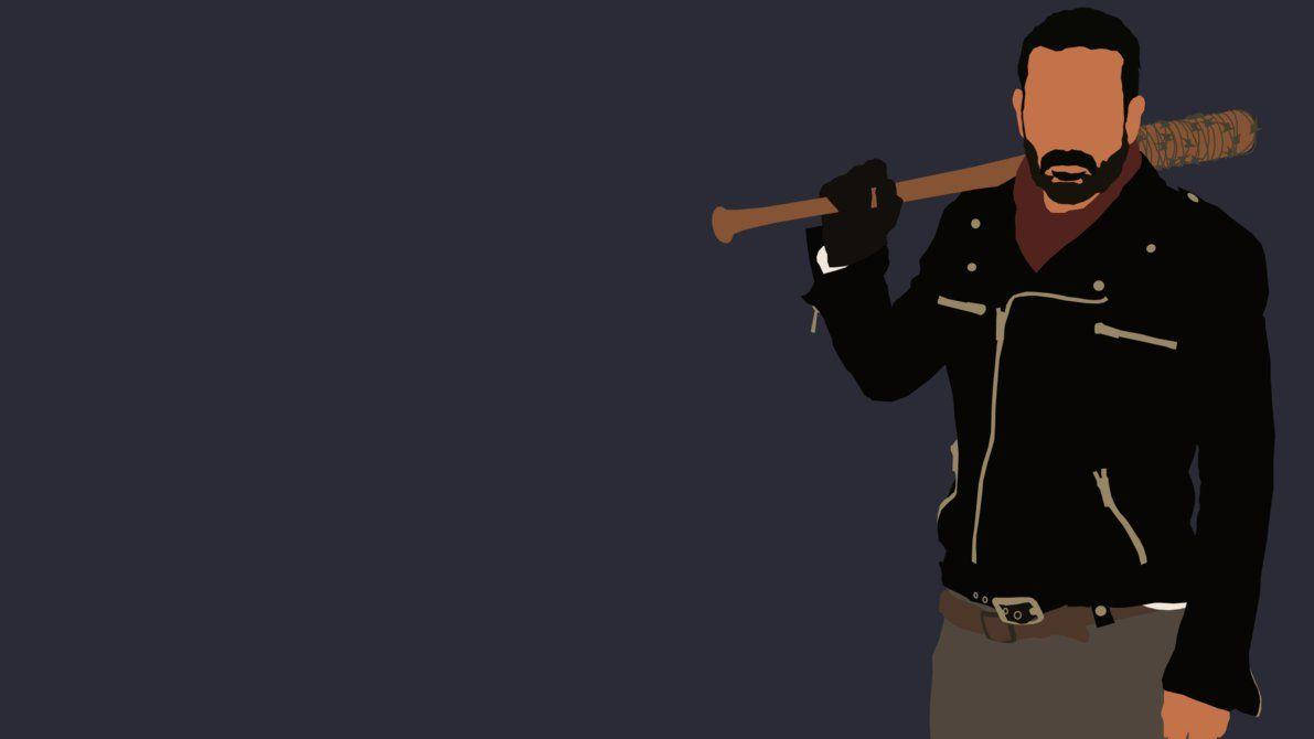 Negan 桌布 壁紙 — 一個風格化的男人穿著黑色外套，在深灰色背景上將棒球棍扛在肩上。