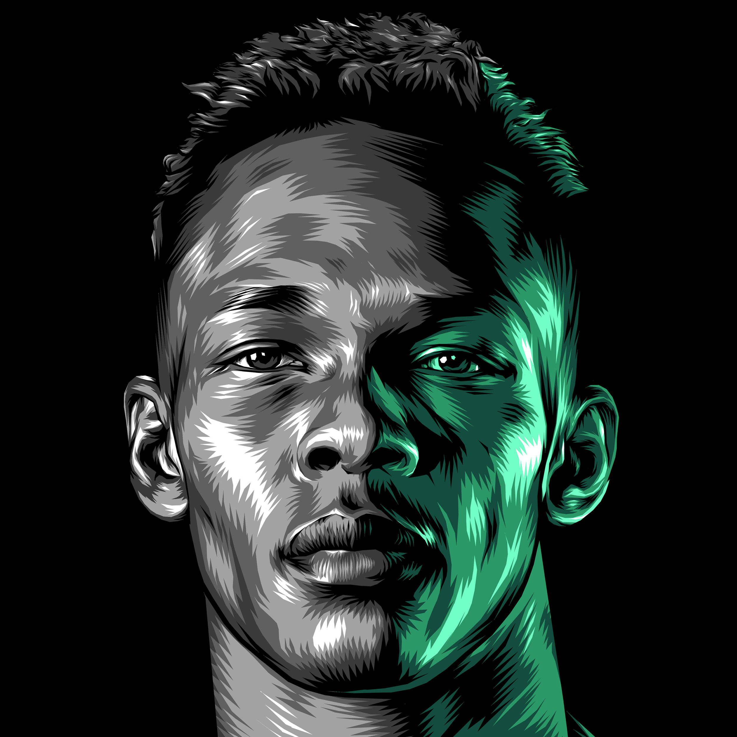 Adesanya 桌布 壁紙 — 一個風格化的男人肖像，半邊臉為灰階，另一半在黑色背景上發出青綠色光芒。