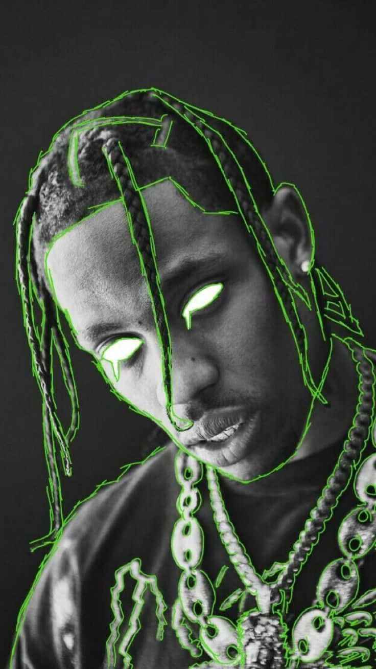 69 Rapper 桌布 壁紙 — 一個風格化的男人肖像，在黑暗背景中擁有發光的綠色眼睛和霓虹綠色輪廓。