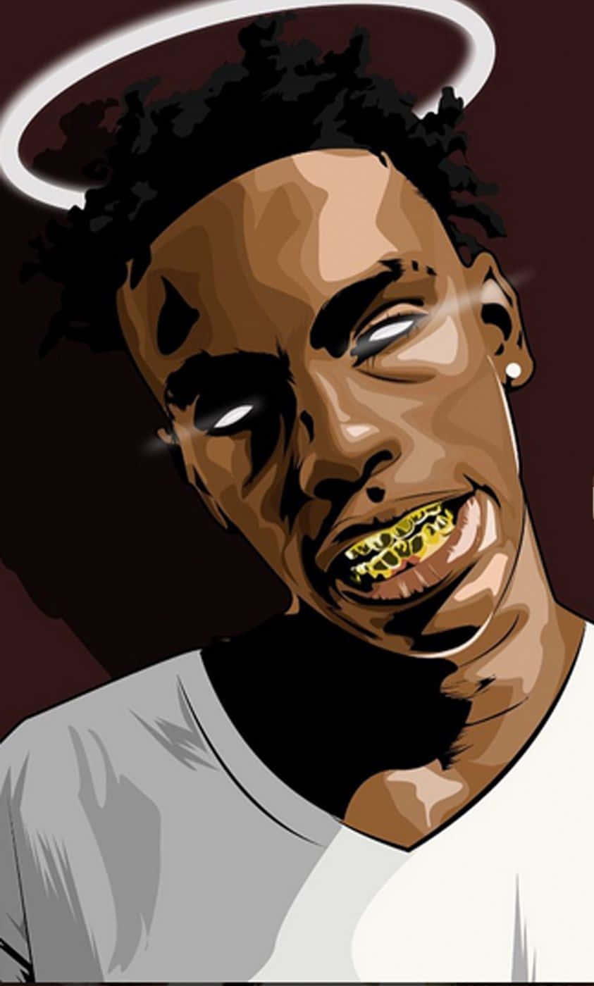 Ynw Melly Cartoon 桌布 壁紙 — 一個風格化的男人肖像，帶有光環和金牙套，以大膽的數位藝術和戲劇性燈光呈現。