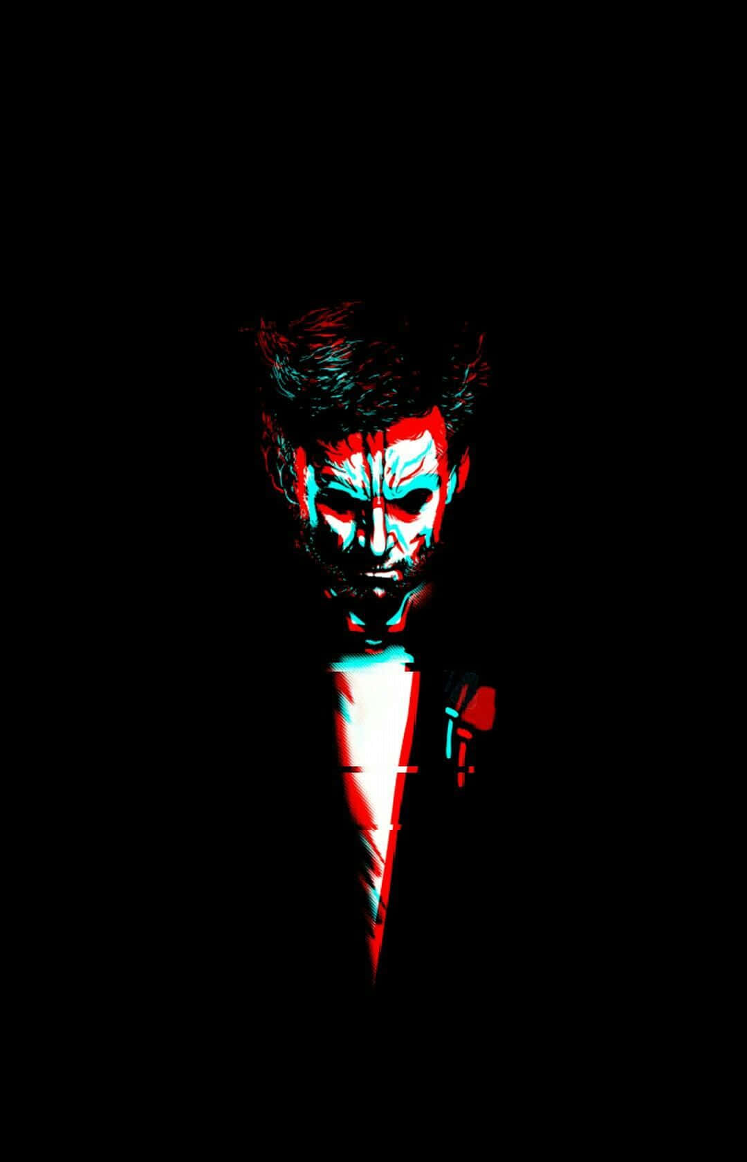 glitch art 桌布 壁紙 — 一個風格化的男人肖像，帶有發光的紅色和青色面部特徵，背景為黑色。