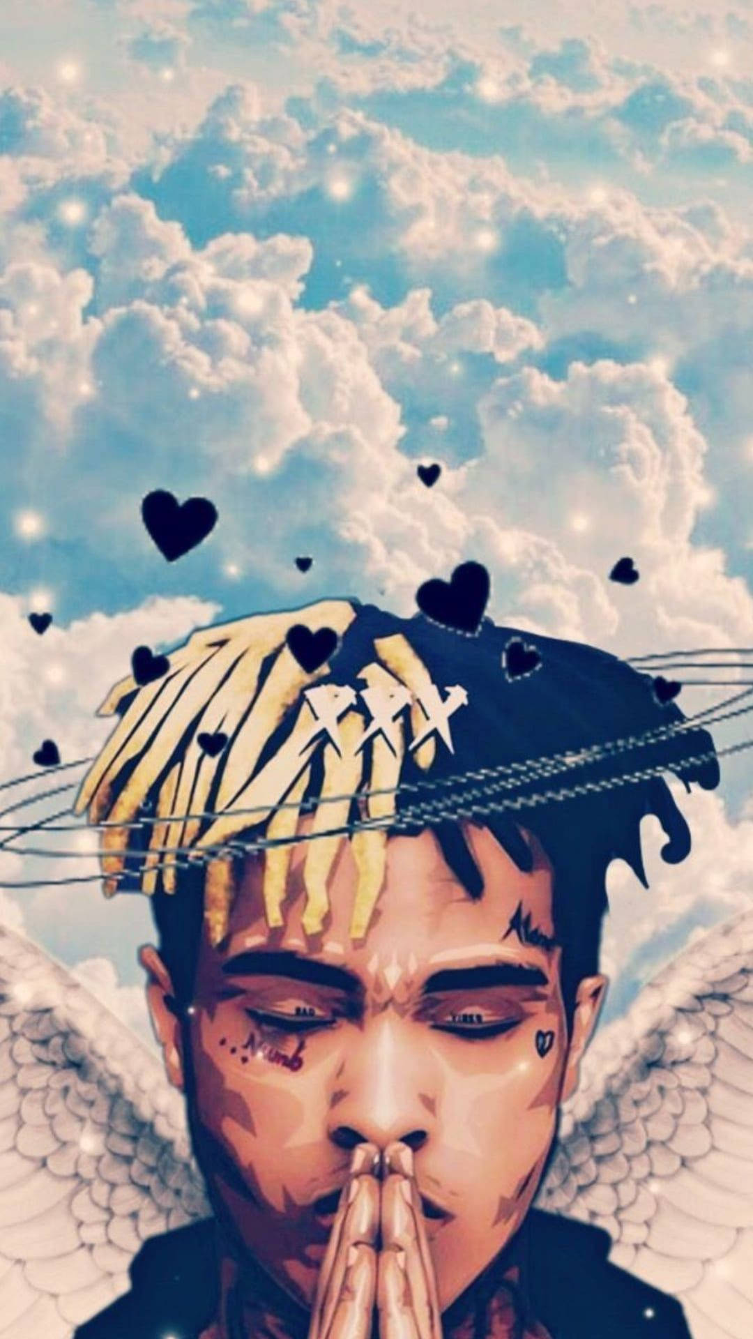 xxxtentacion 動畫 桌布 壁紙 — 一個風格化的男人肖像，擁有天使翅膀和辮子，背景是陰天和漂浮的黑色心形。