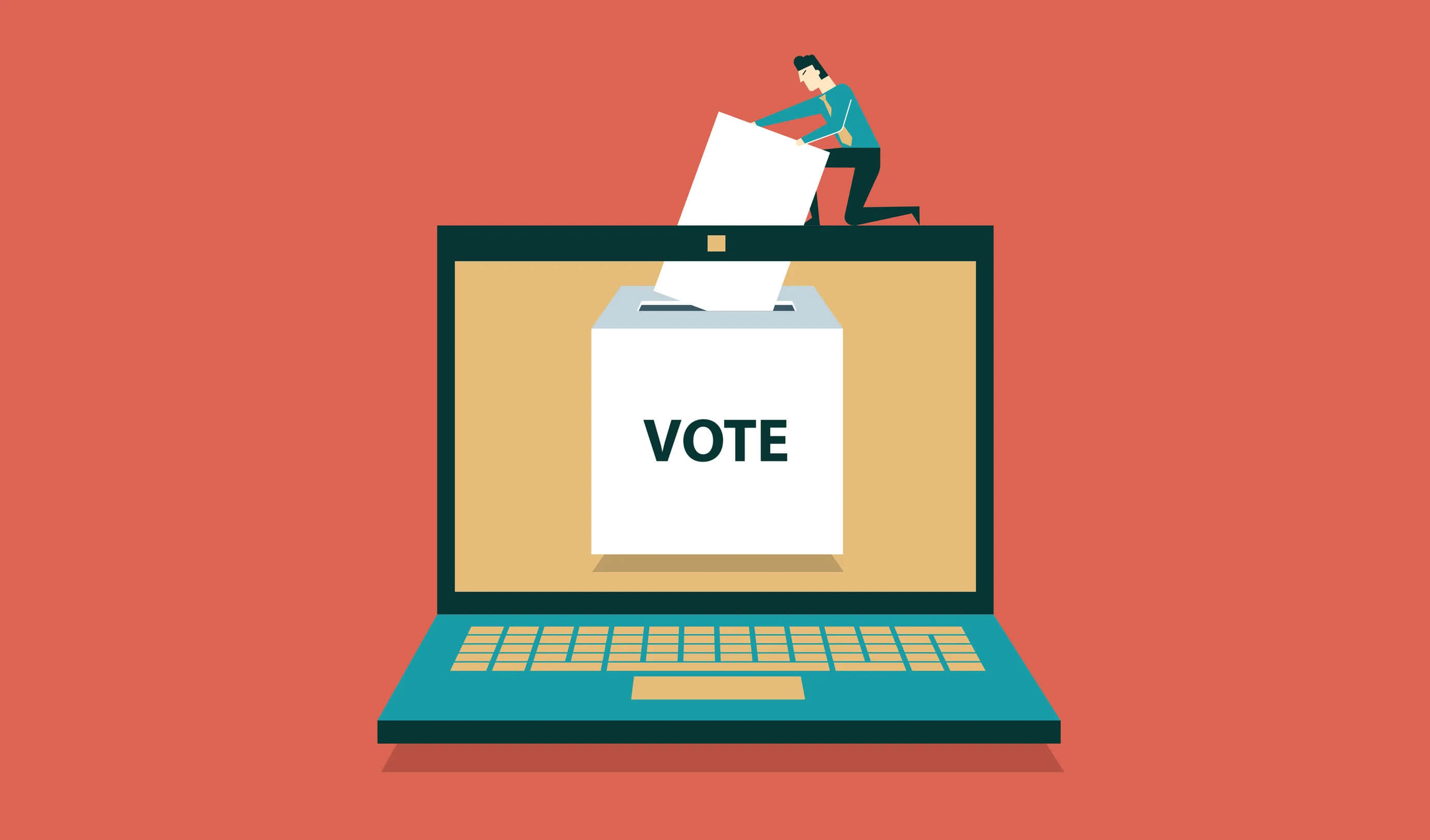 Voting 桌布 壁紙 — 一個風格化的男人跪在筆記型電腦上，將選票插入螢幕上顯示的投票箱。