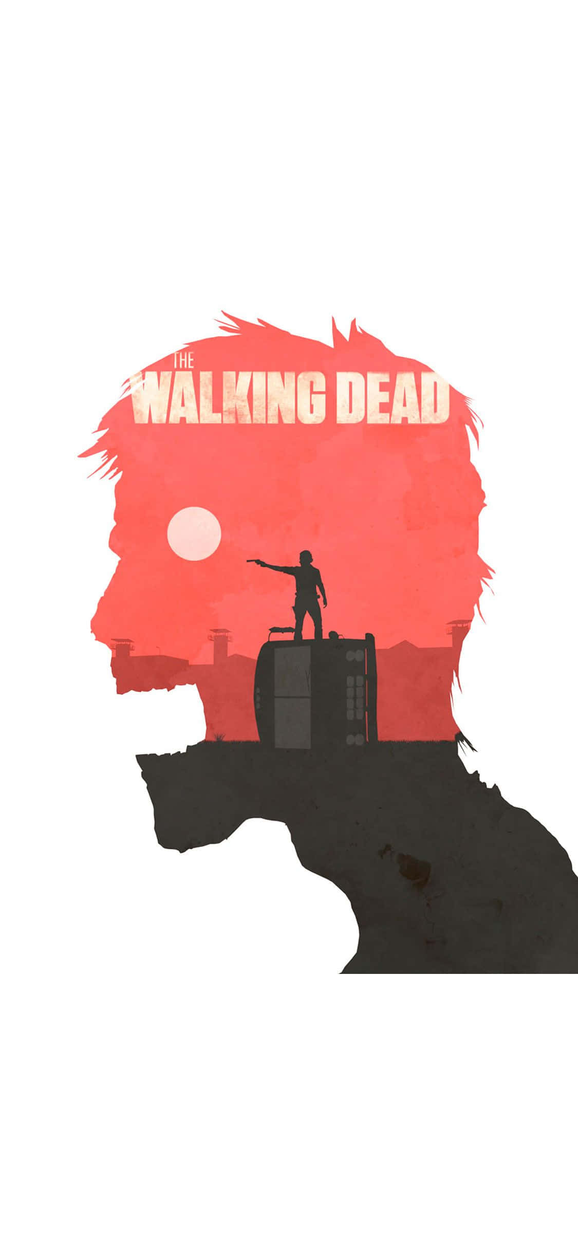 The Walking Dead iPhone 桌布 壁紙 — 一個風格化的男人頭部剪影，內部填充紅色日落場景，一個孤獨的身影站在車輛上。