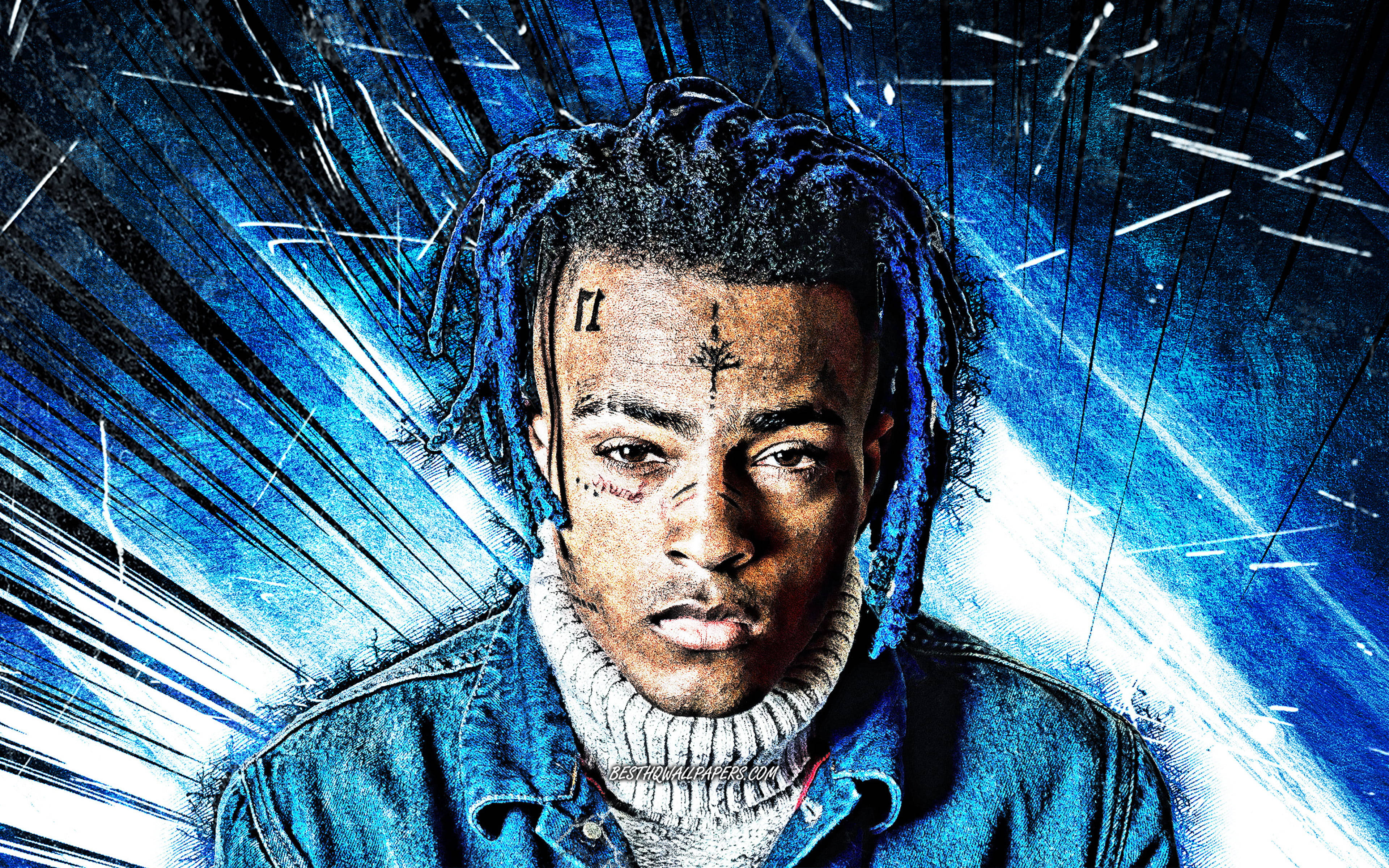 xxxtentacion 電腦 桌布 壁紙 — 一個風格化的男子肖像，擁有藍色辮子和面部刺青，背景是動態的藍白條紋。