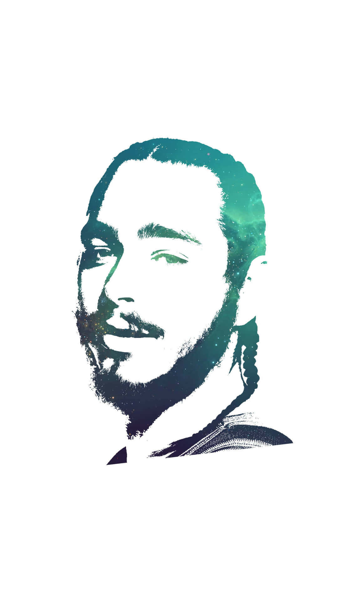 波斯特·马龙 桌布 壁紙 — 一個風格化的男性肖像，擁有辮子頭髮和鬍鬚，以青綠色和黑色在白色背景上呈現。