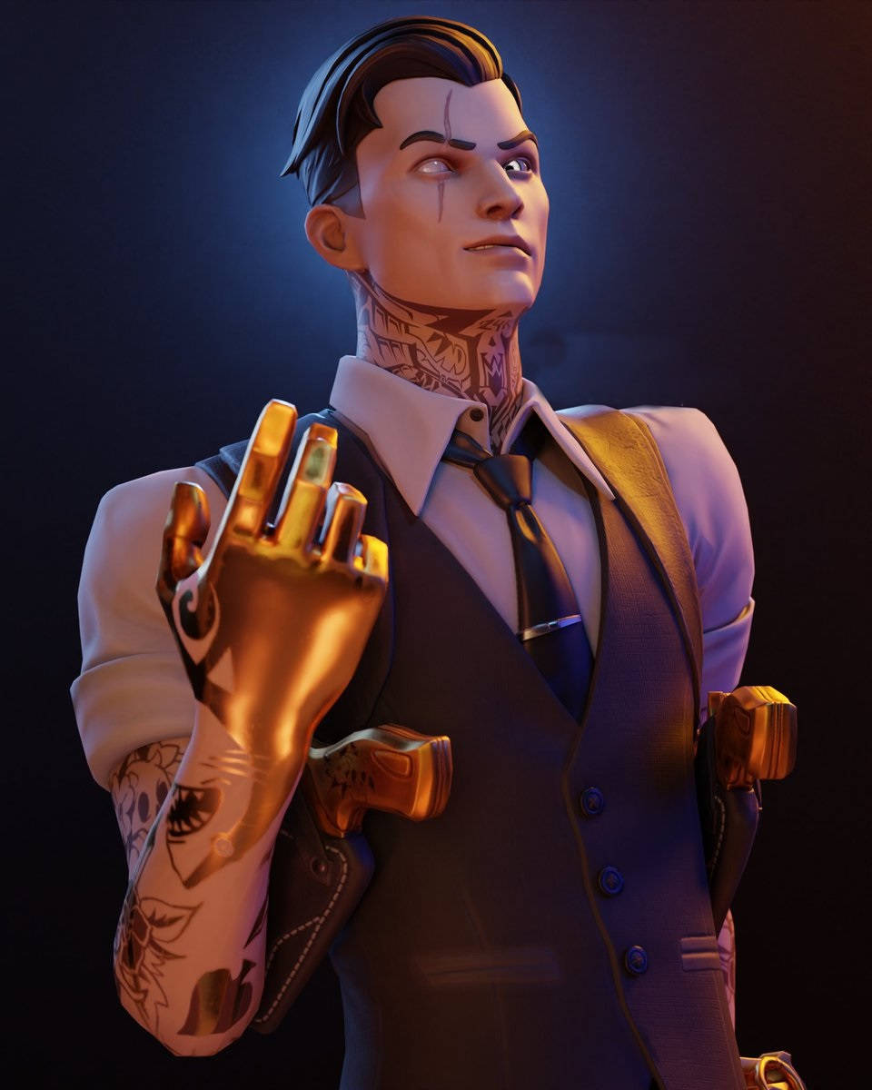 Fortnite 桌布 壁紙 — 一個風格化的男性角色，帶有刺青和金色機械手，穿著正式服裝，在戲劇性的藍色燈光下。