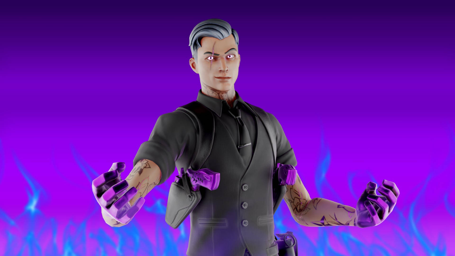 Fortnite 桌布 壁紙 — 一個風格化的男性角色，灰色頭髮，紅色發光的眼睛，站在充滿活力的紫色背景前，帶有藍色火焰效果。