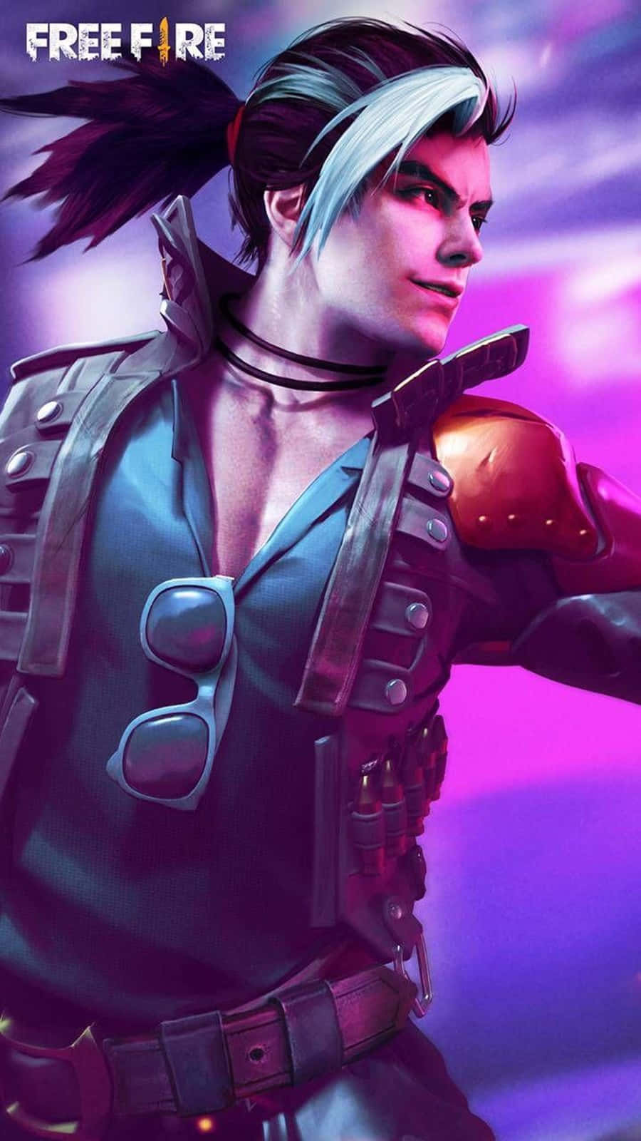 free fire 4K 桌布 壁紙 — 一個風格化的男性遊戲角色，銀色頭髮和戰術裝備，自信地站在發光的紫色背景前。