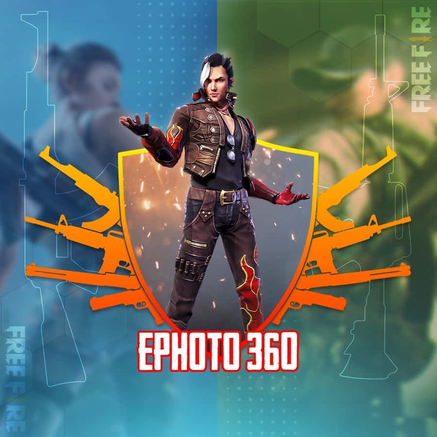 free fire 4K 桌布 壁紙 — 一個風格化的男性遊戲角色穿著戰術裝備，自信地張開雙臂站立，在藍綠分割的背景上被發光的橙色武器剪影包圍。
