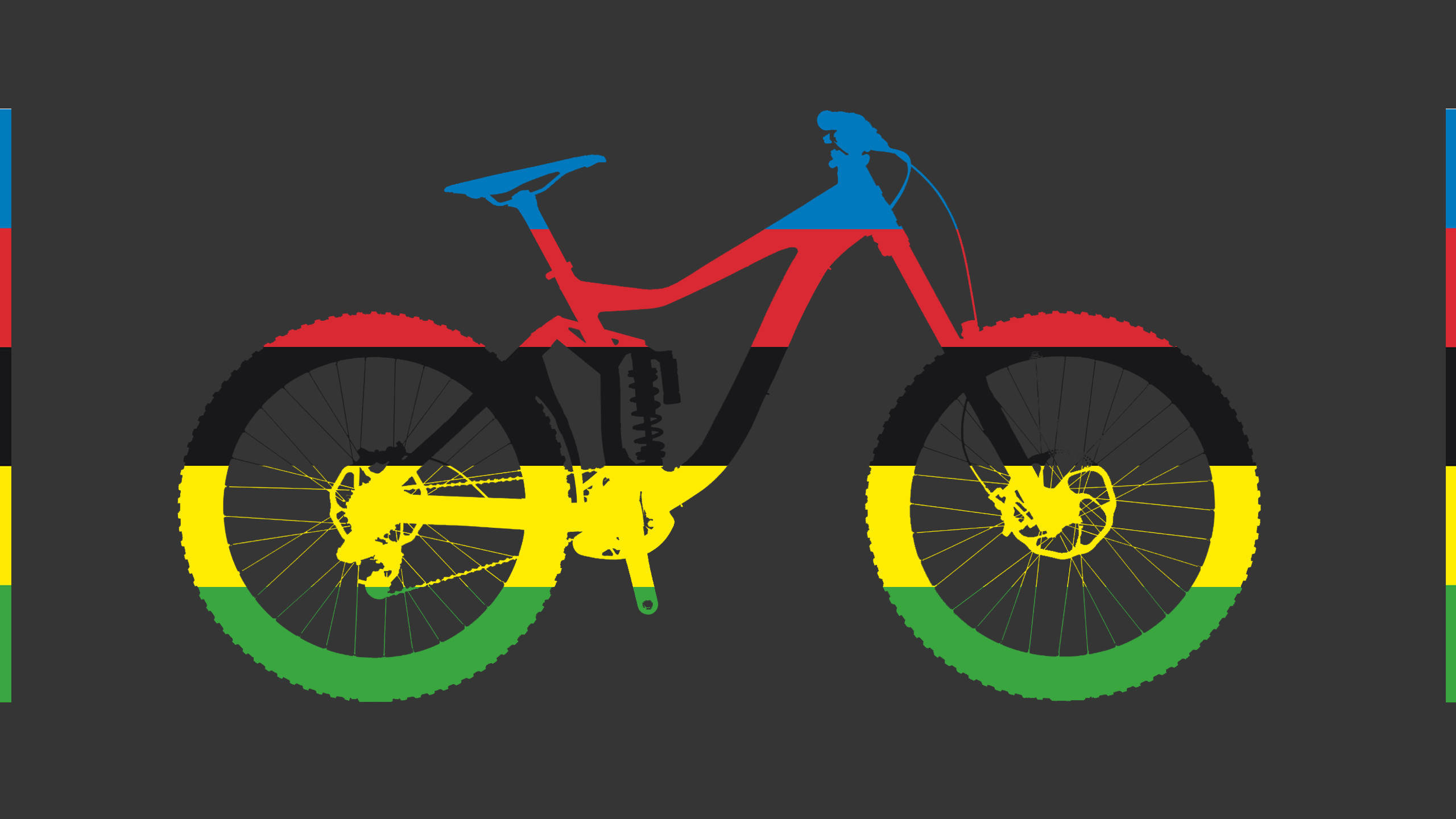 Mountain Bike 桌布 壁紙 — 一個風格化的登山車剪影，充滿了鮮明的紅色、黃色和綠色條紋，背景為深灰色。