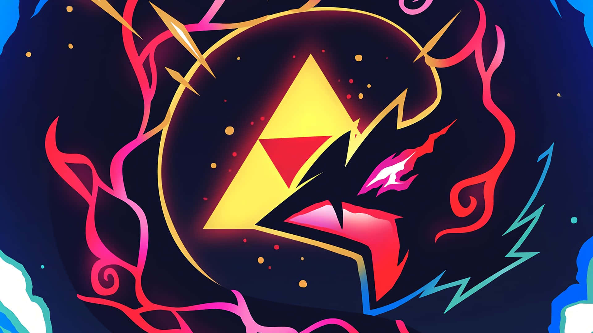 triforce 桌布 壁紙 — 一個風格化的發光三角力量符號，被鮮豔的霓虹能量觸手環繞，背景是黑暗的宇宙。