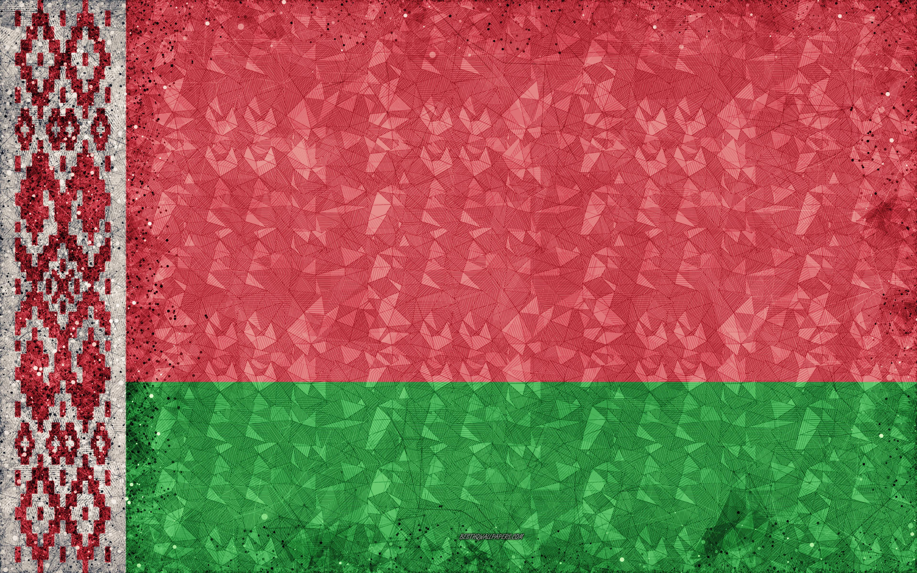 Flag 桌布 壁紙 — 一個風格化的白俄羅斯國旗，帶有紅色和綠色的水平條紋，以及傳統的紅色圖案邊框，背景有紋理。