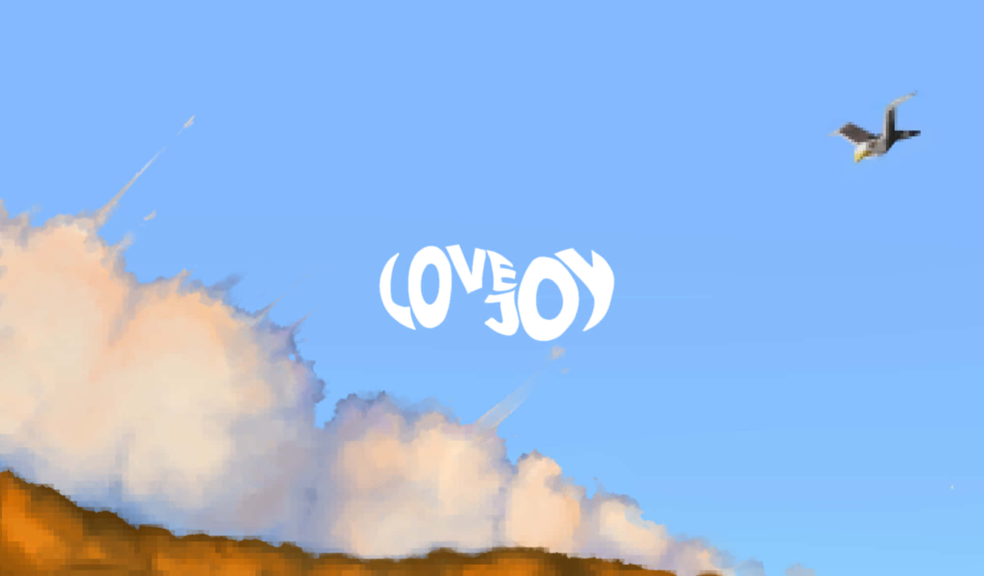 桌布 壁紙 — 一個風格化的白色「LOVE JOY」文字漂浮在蓬鬆的雲朵之上，背景是清澈的藍天，遠處有一隻鳥在翱翔。