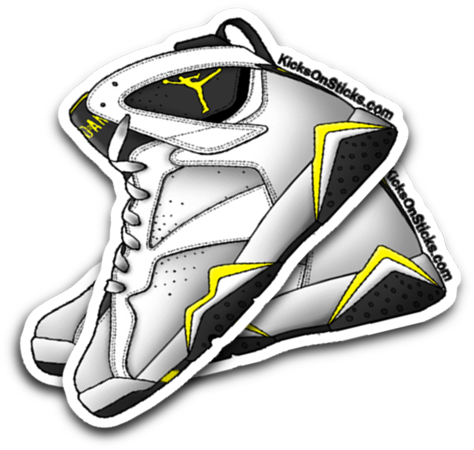Air Jordan 桌布 壁紙 — 一個風格化的白色、黑色和黃色Jordan 7運動鞋貼紙，帶有粗線條和穿孔細節，襯托在純黑色背景上。