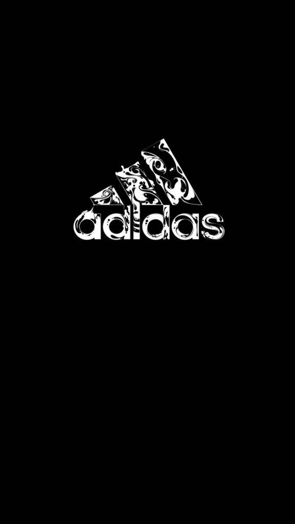 adidas iPhone 桌布 壁紙 — 一個風格化的白色Adidas標誌，在純黑色背景上帶有華麗圖案。