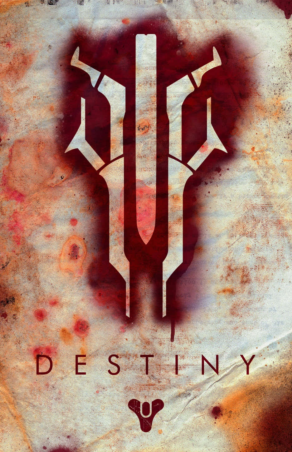 桌布 壁紙 — 一個風格化的白色Destiny標誌在帶有鏽跡的風化羊皮紙背景上滴血。