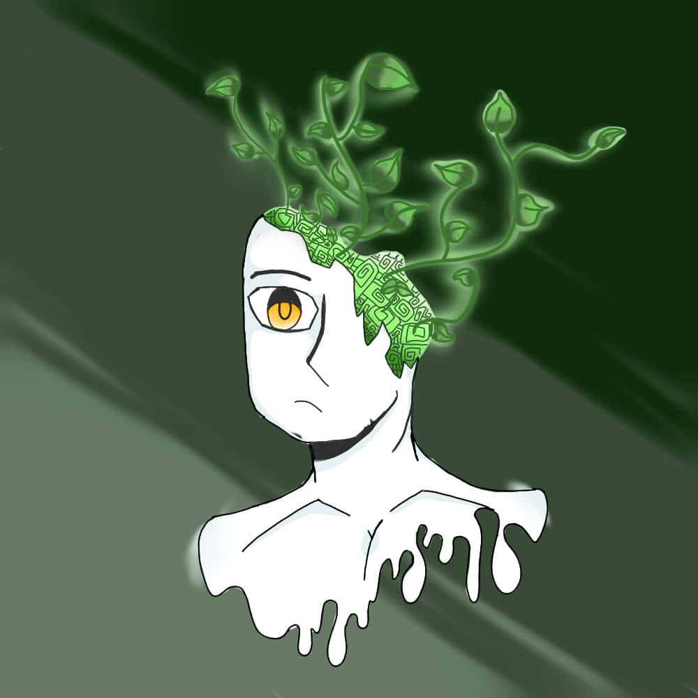 Plant 桌布 壁紙 — 一個風格化的白色人物，頭部長出發光的綠色藤蔓，背景為深綠色漸變。