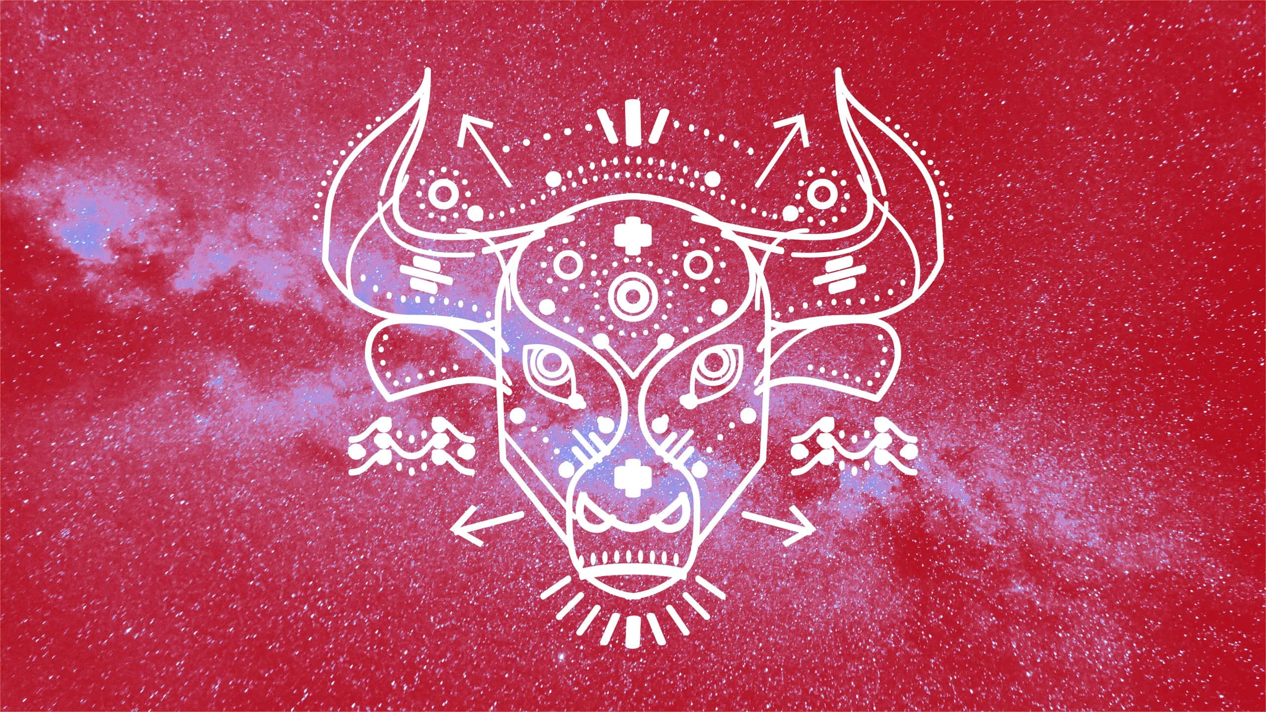 taurus 桌布 壁紙 — 一個風格化的白色公牛頭，帶有幾何圖案，置於紋理紅色宇宙背景上。