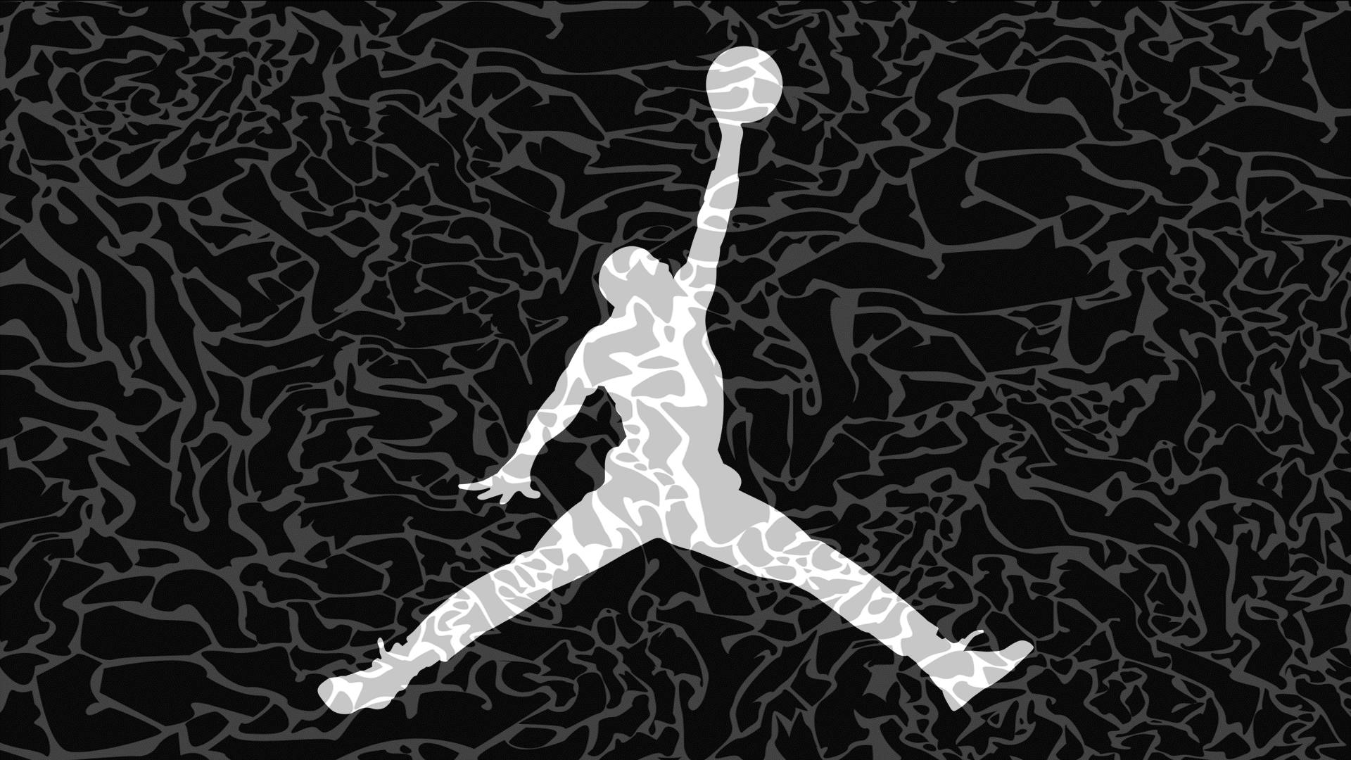Jordan Logo 桌布 壁紙 — 一個風格化的白色剪影，描繪一名籃球運動員在半空中灌籃，背景為黑色紋理背景。