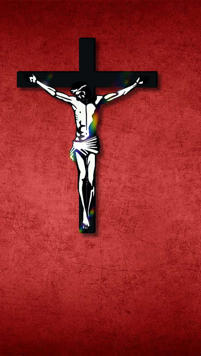 Jesus iPhone 桌布 壁紙 — 一個風格化的白色十字架受難像，帶有彩虹高光，矗立在紋理深紅色背景上。