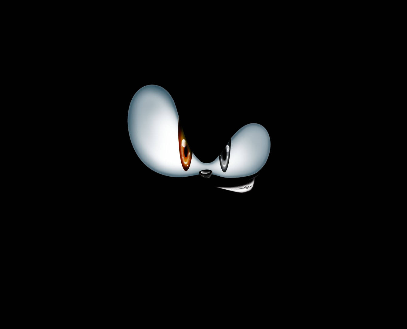 Shadow The Hedgehog 桌布 壁紙 — 一個風格化的白色卡通臉，有一隻發光的橙色眼睛和頑皮的笑容，背景為黑色。