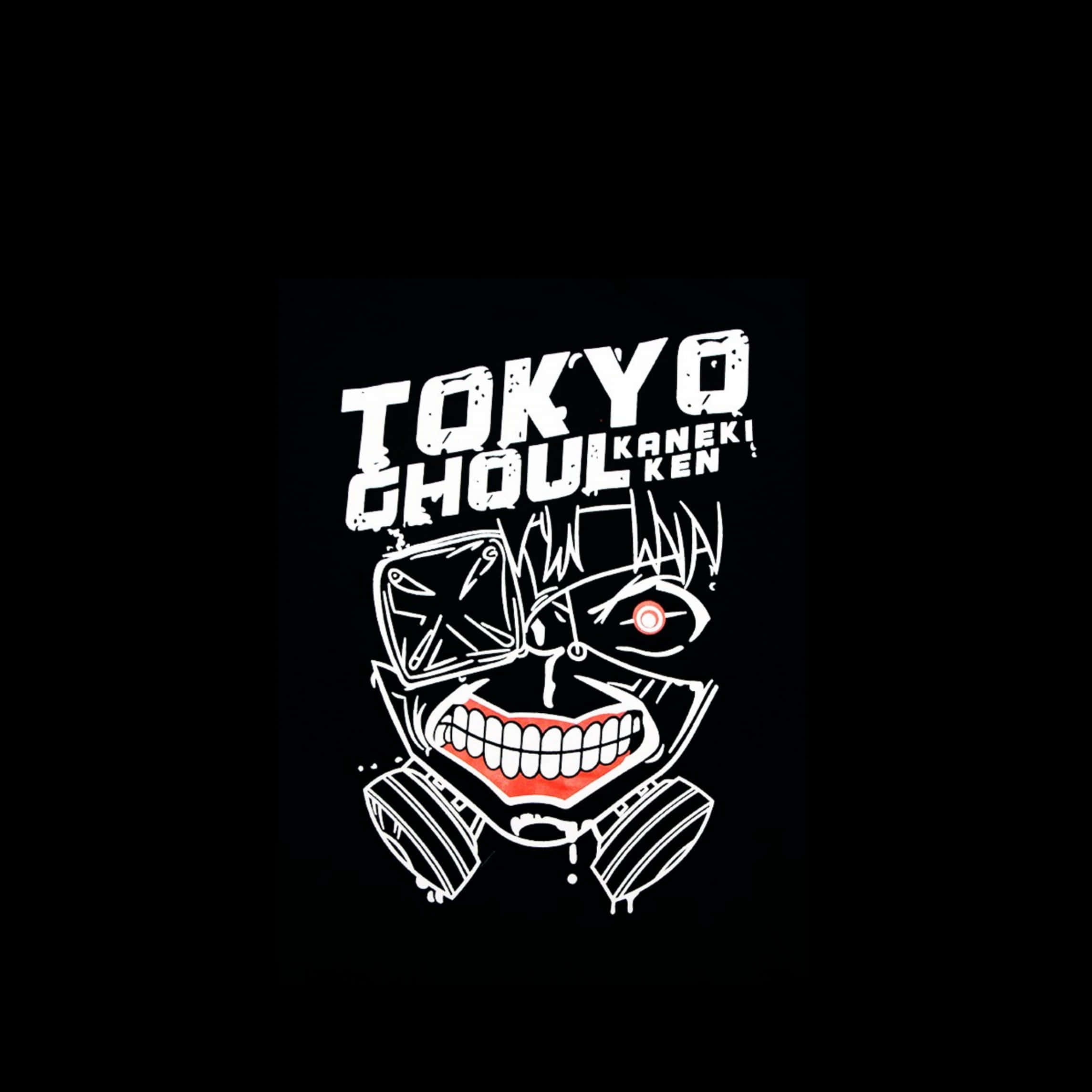 Kaneki's Mask 桌布 壁紙 — 一個風格化的白色圖形，描繪東京喰種的金木研，戴著防毒面具和尖牙，背景為黑色。