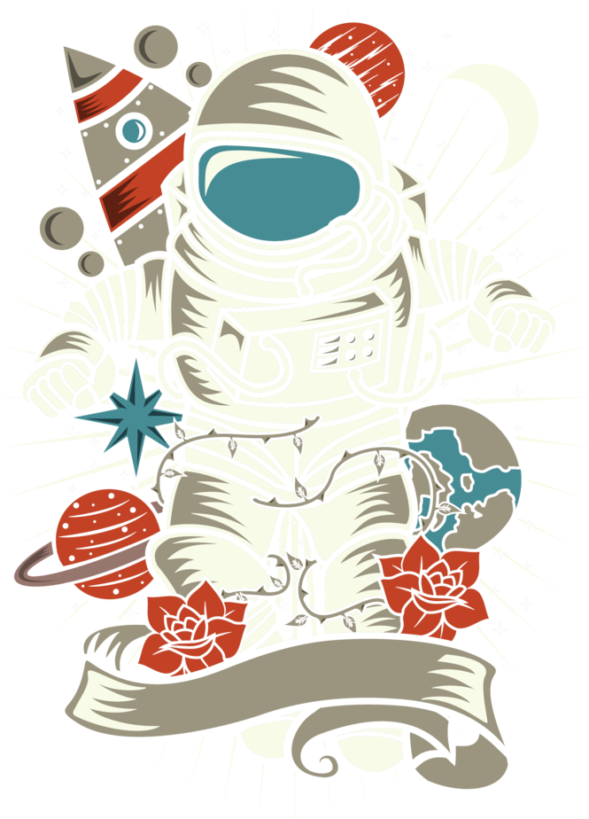 復古 桌布 壁紙 — 一個風格化的白色太空衣太空人站在黑色星空背景中，周圍有行星、火箭和紅玫瑰等宇宙元素。