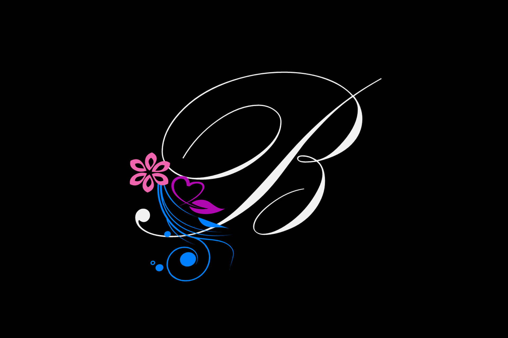 字母B 桌布 壁紙 — 一個風格化的白色字母B，帶有粉紅色花朵、紫色心形和藍色漩渦，背景為黑色。
