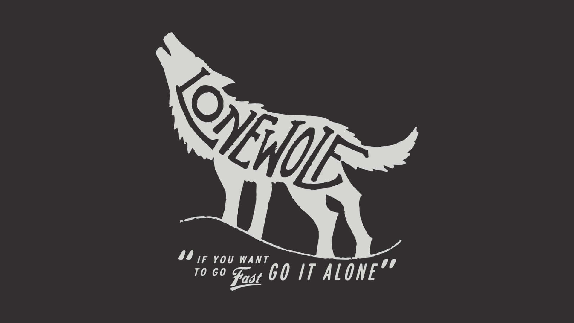 Lone Wolf 桌布 壁紙 — 一個風格化的白色孤狼剪影，文字融入其形態，背景為深灰色。