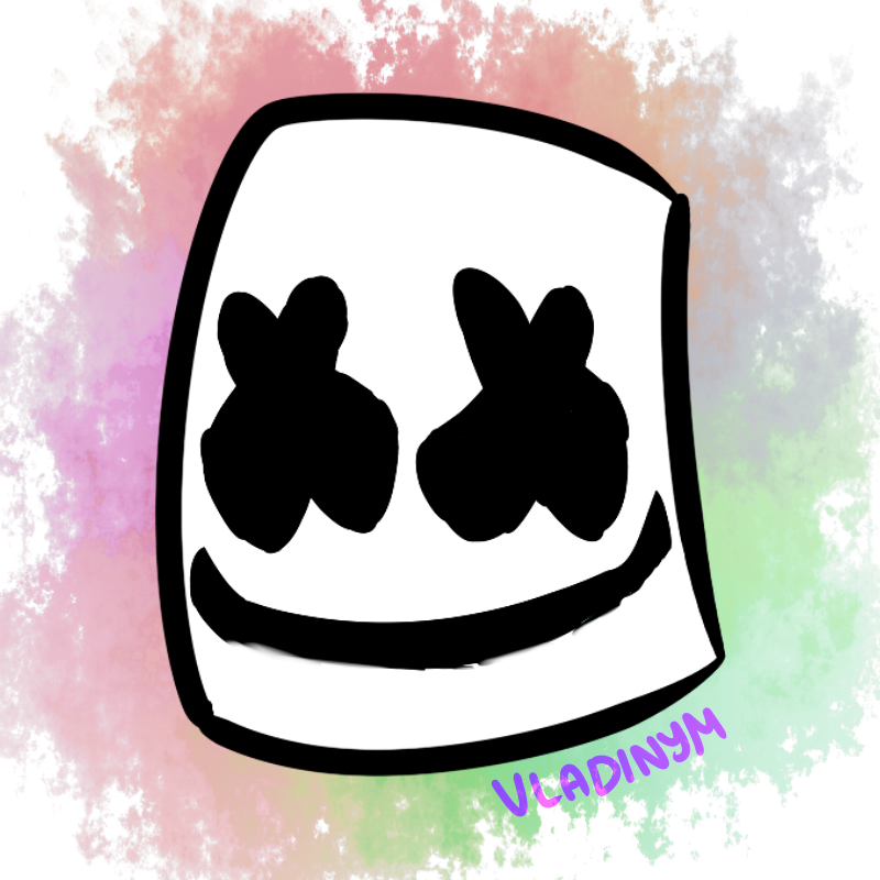 Marshmello 動態圖 桌布 壁紙 — 一個風格化的白色棉花糖頭盔，帶有黑色X眼睛和微笑，背景是充滿活力的髒髒彩虹背景。