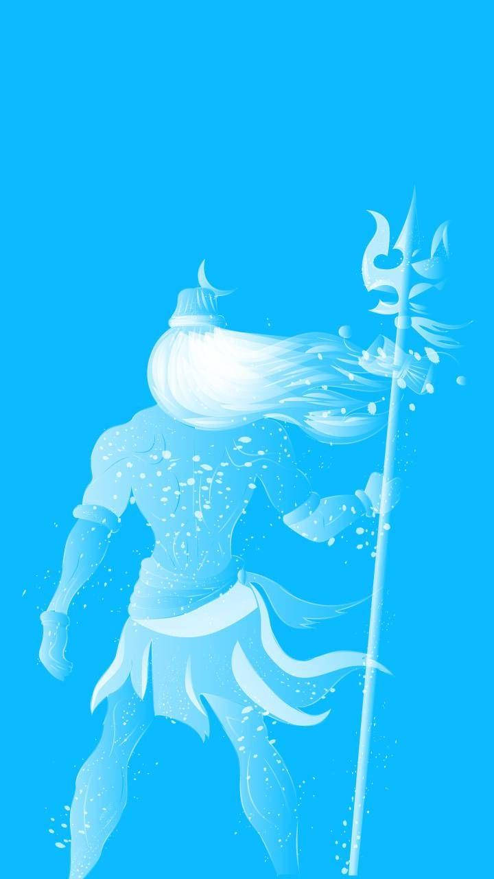濕婆神 桌布 壁紙 — 一個風格化的白色海神，鬍鬚飄逸，手持三叉戟，站在純藍色背景前，周圍環繞著閃閃發光的水滴。