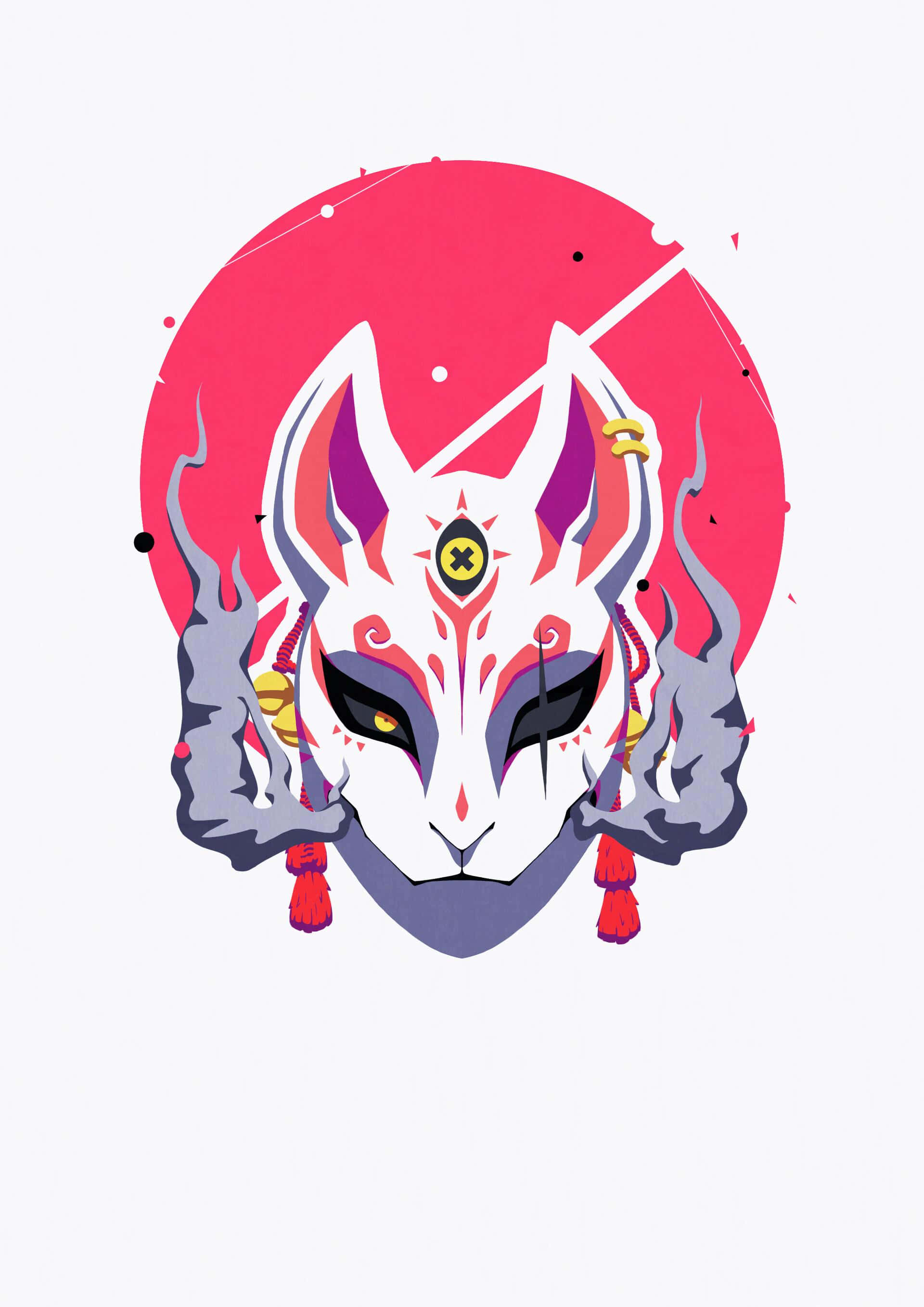 Yokai 桌布 壁紙 — 一個風格化的白色狐狸面具，帶有紅色和紫色點綴，置於充滿活力的粉紅色圓形背景上。