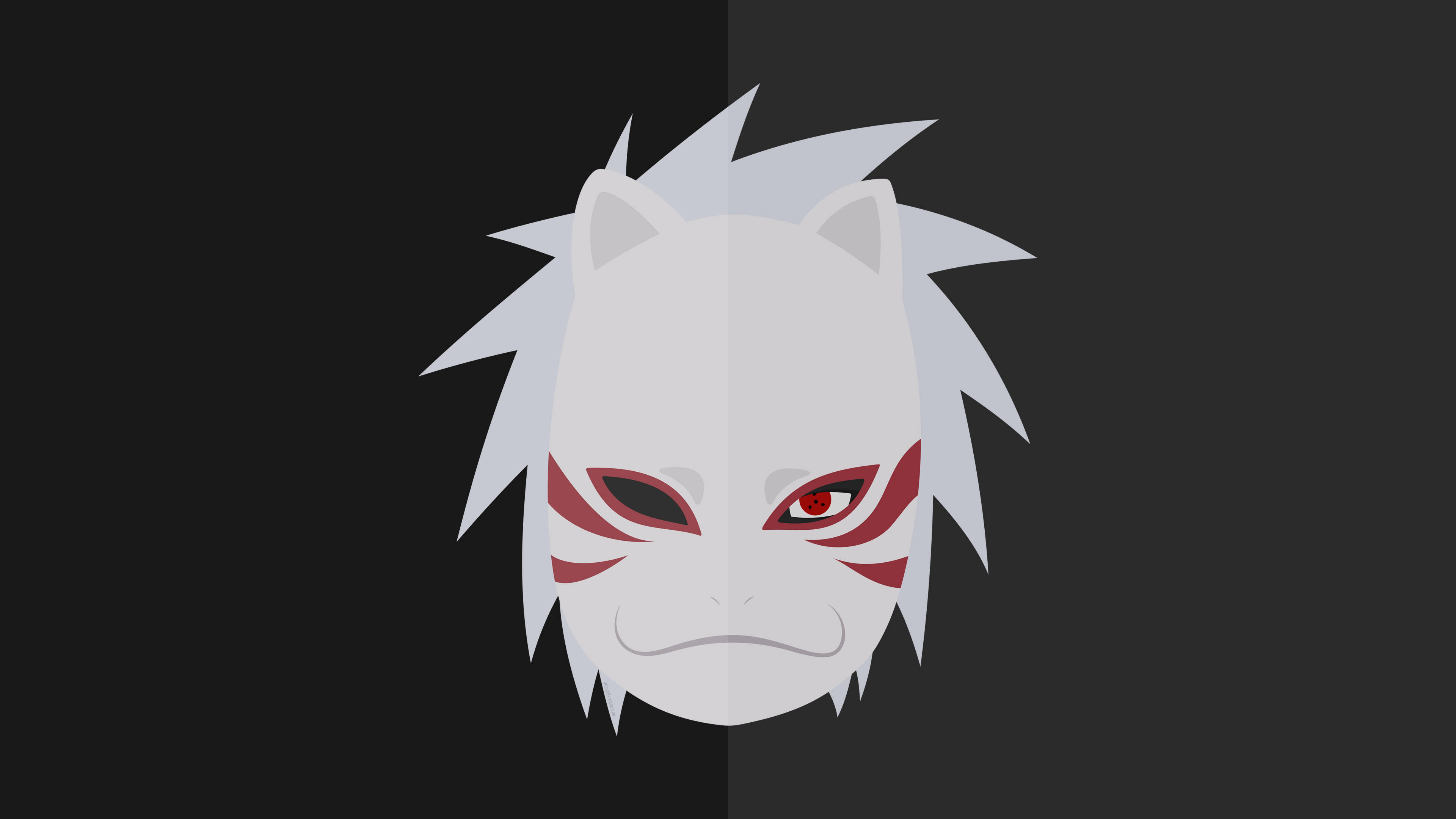 Naruto Kakashi 桌布 壁紙 — 一個風格化的白色狐狸面具，帶有紅色標記和尖銳的刺狀頭髮，背景為深色分割背景。