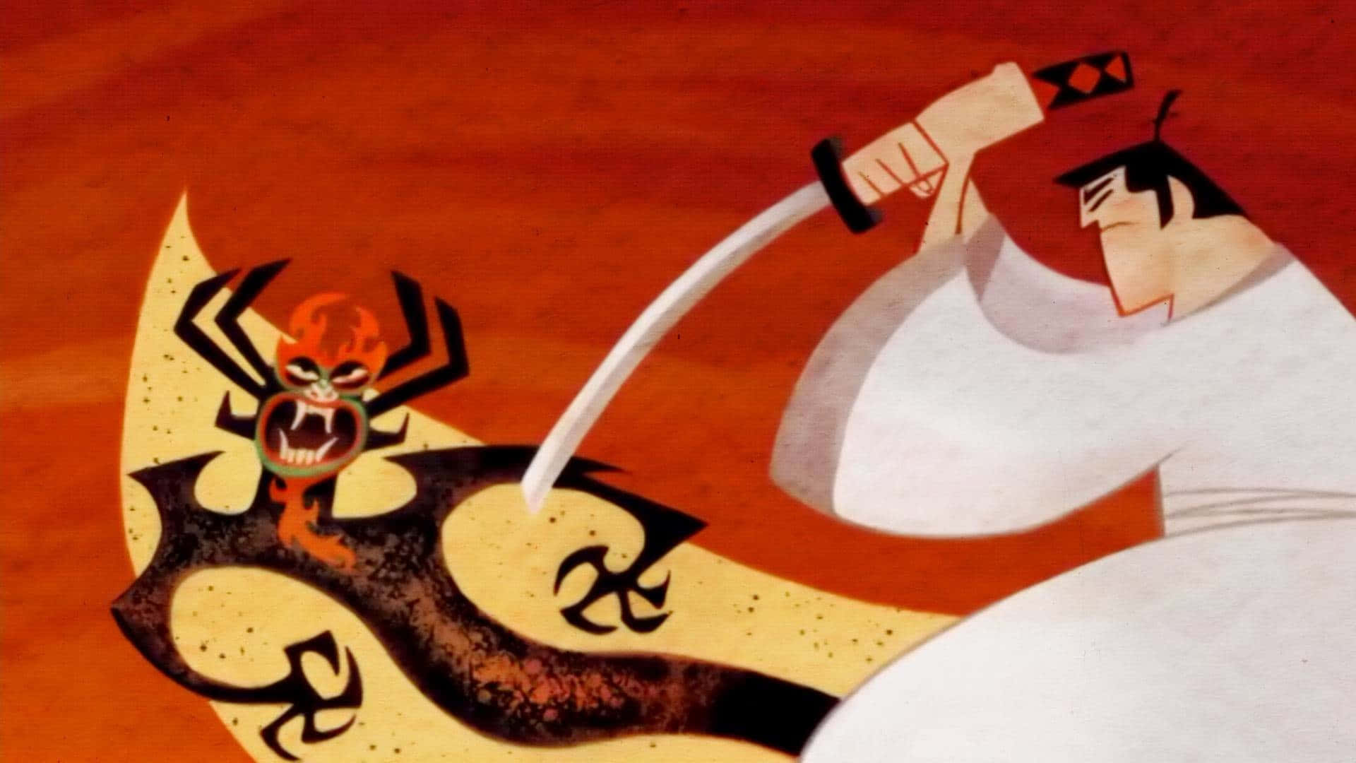 samurai jack 桌布 壁紙 — 一個風格化的白色盔甲武士用武士刀斬殺一隻惡魔蜘蛛生物，背景是火熱的橙色。