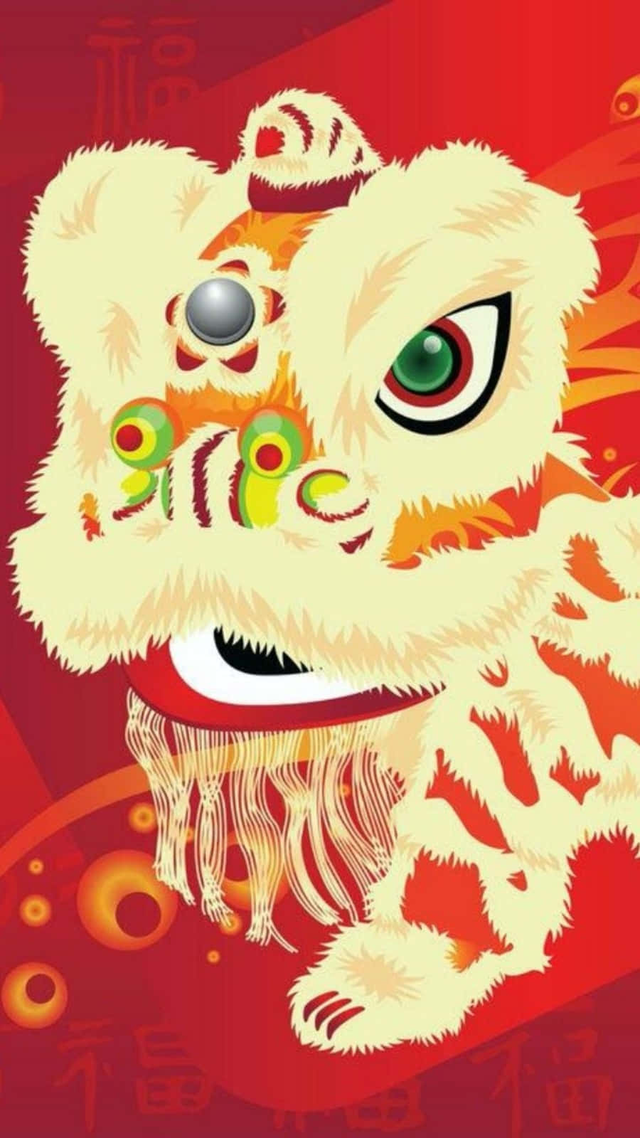 春節 桌布 壁紙 — 一個風格化的白色舞獅吉祥物，有綠色眼睛和紅色點綴，背景是鮮紅色並帶有中文字。