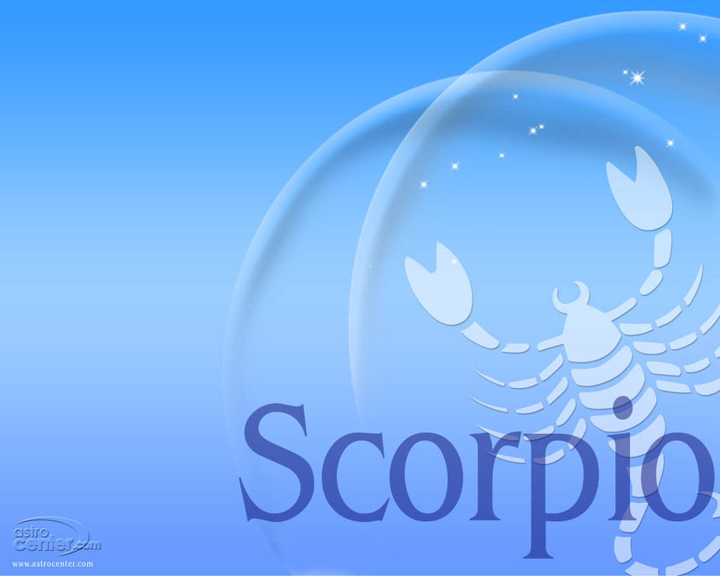 藍色背景上，一個帶有星星和Scorpio字樣的氣泡內的白色蠍子符號。
