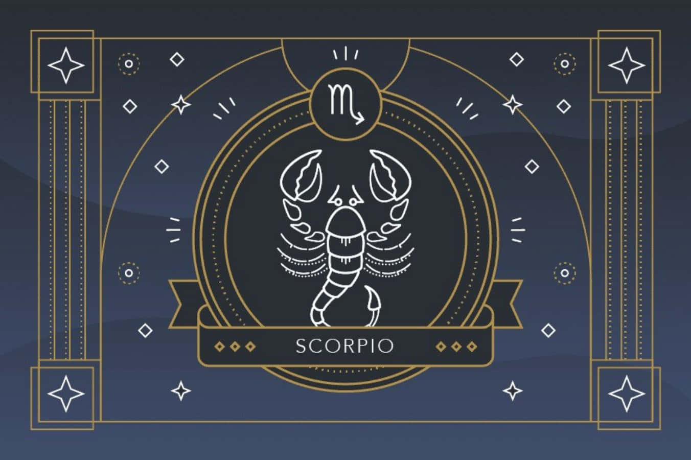 Scorpio 桌布 壁紙 — 一個風格化的白色蠍子標誌，位於金色華麗框架中央，背景是深藍色星空。