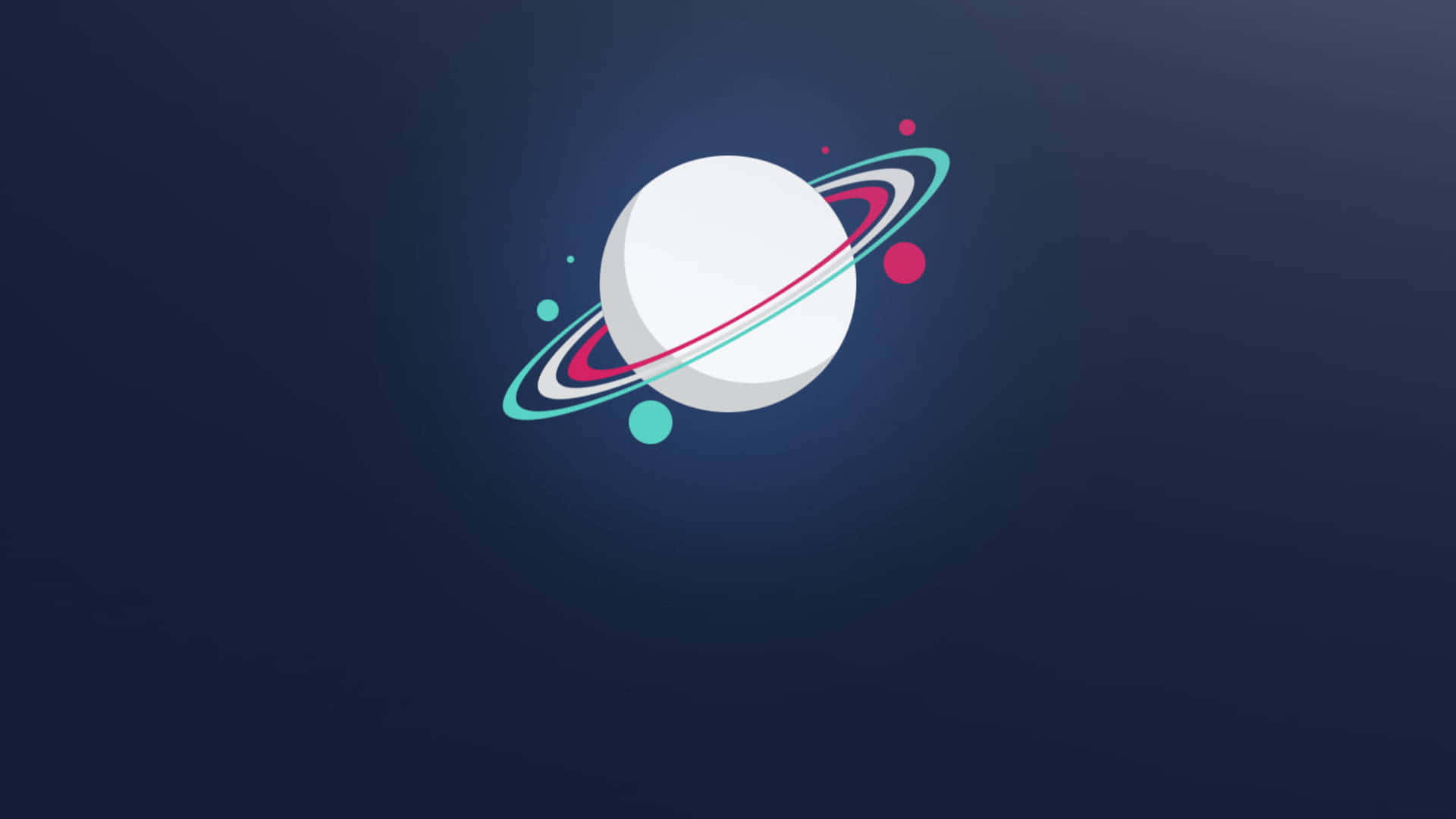 土星 桌布 壁紙 — 一個風格化的白色行星，帶有彩色環和漂浮球體，背景為黑暗的宇宙。