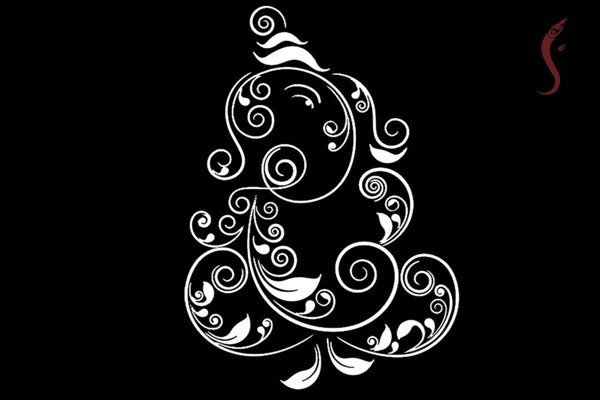 Ganesh 桌布 壁紙 — 一個風格化的白色裝飾漩渦設計，類似於一個坐著的人物，背景為純黑色。