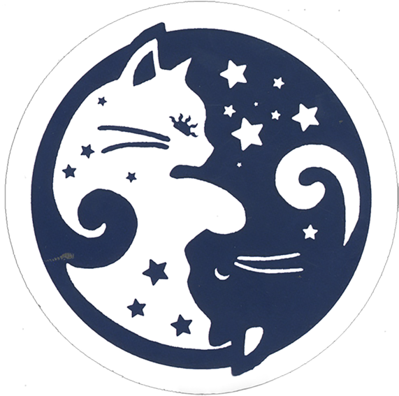 Symbols 桌布 壁紙 — 一個風格化的白色貓剪影，內部有星星和漩渦，位於深藍色圓形框架內，背景為黑色。